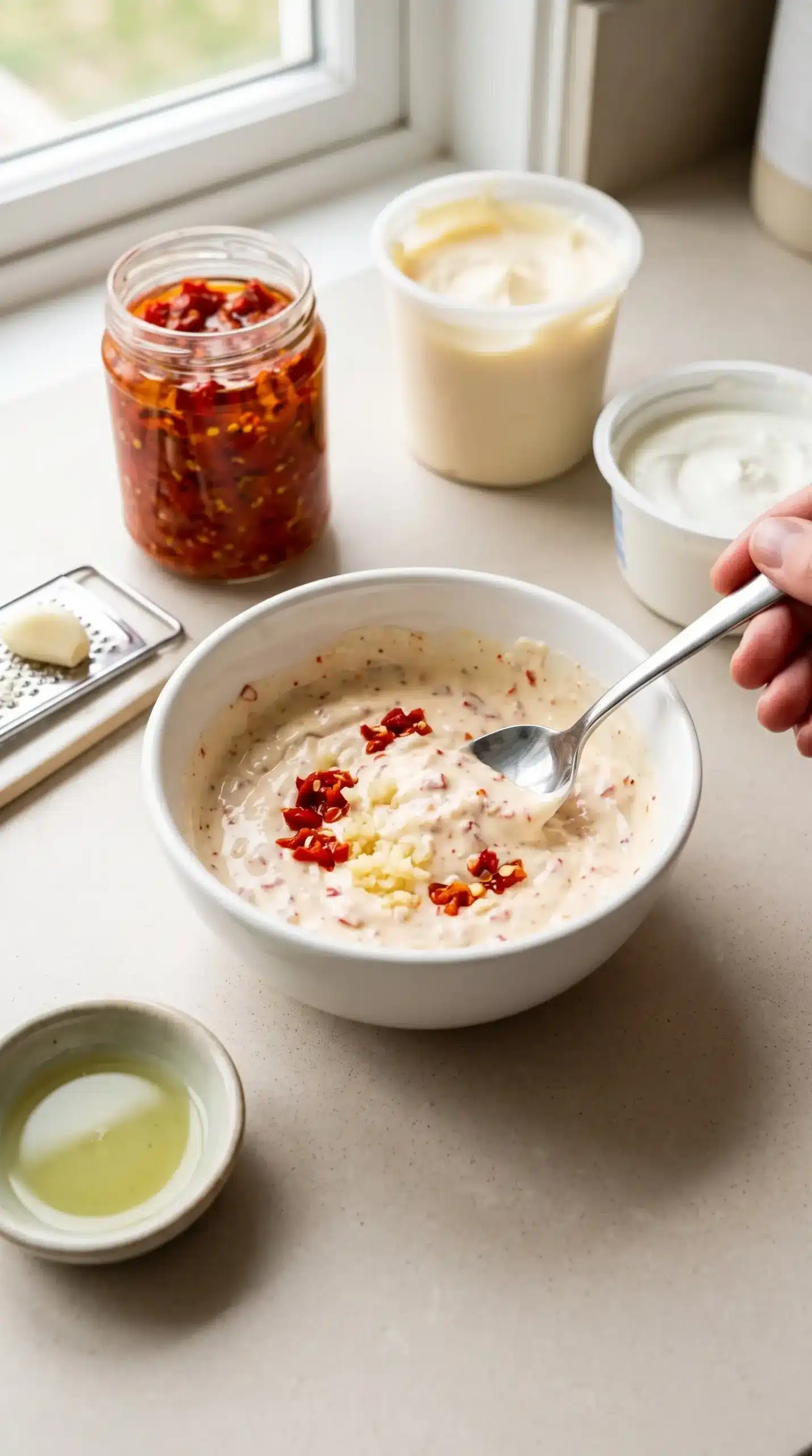 Creamy Calabrian chili sauce with minced peppers and garlic in a small bowl