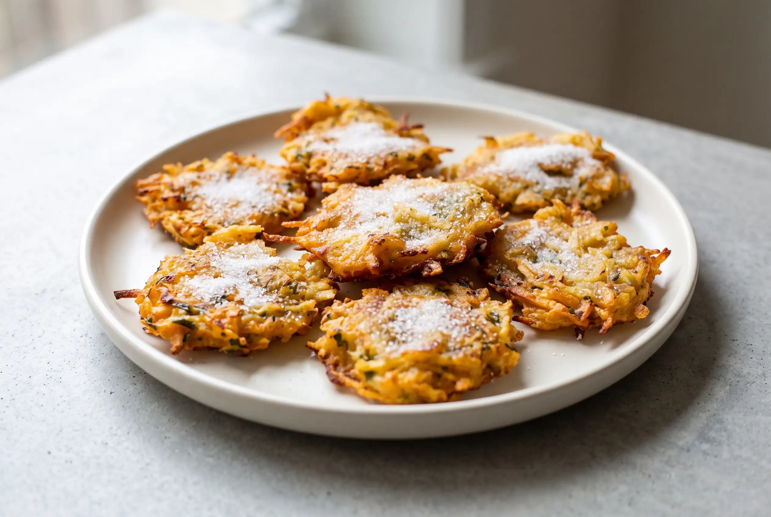 Camote tops sweet potato fritters served on a plate with crisp golden edges