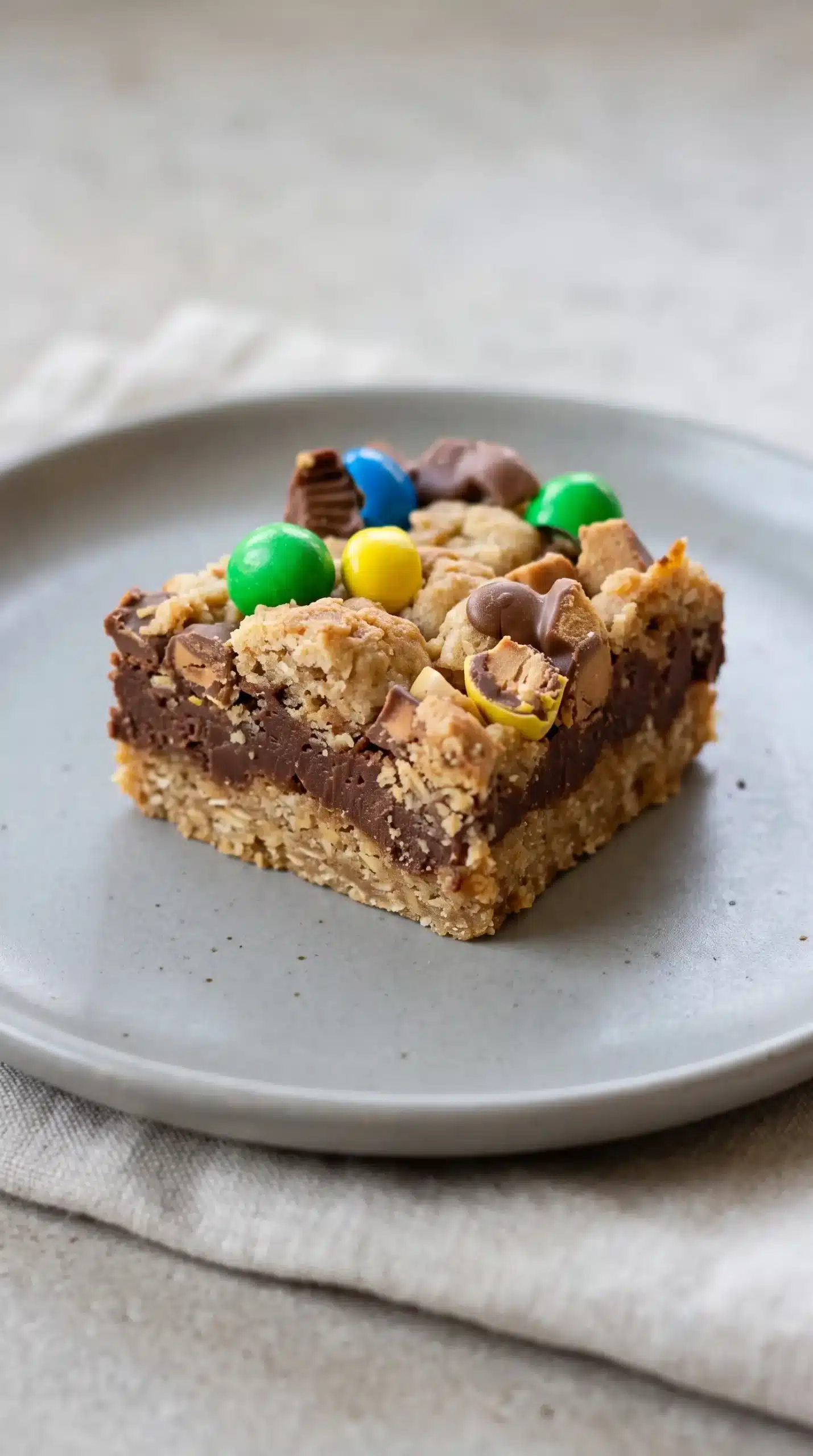 Professional food photography close-up of a single square candy fudge bar on a simple neutral ceramic plate, showing the distinct layers of this exact dessert: a lightly browned chewy oatmeal cookie base, a thick soft chocolate fudge center, and a top scattered with colorful M&M's pieces and chopped Reese's Peanut Butter Cups. The bar is cut cleanly to reveal the moist fudge layer between the oat layers. Natural soft window light, realistic homemade texture, neutral surface, minimal props, three-quarter angle, no wooden background, no extra servings, no artificial perfection.