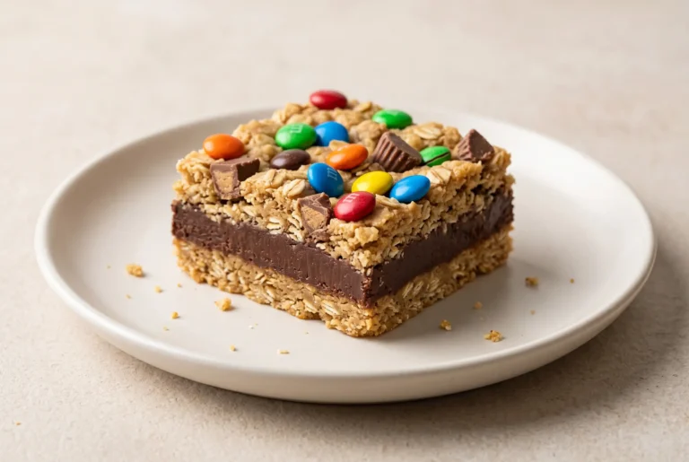 Candy fudge bar with oatmeal layers, chocolate fudge center, and colorful candy pieces