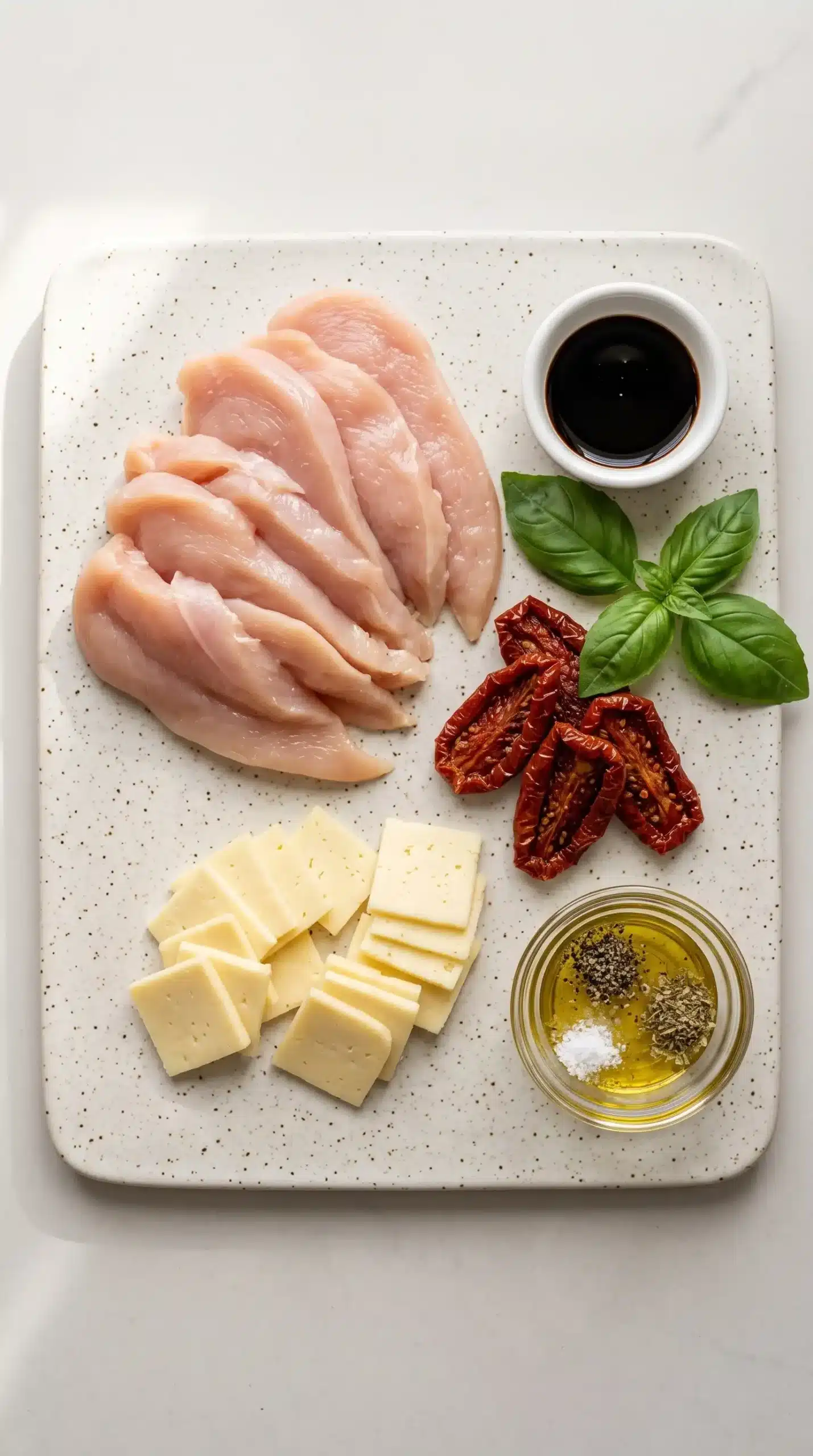 Ingredients for Caprese chicken with chicken, havarti, tomatoes, basil, and balsamic reduction