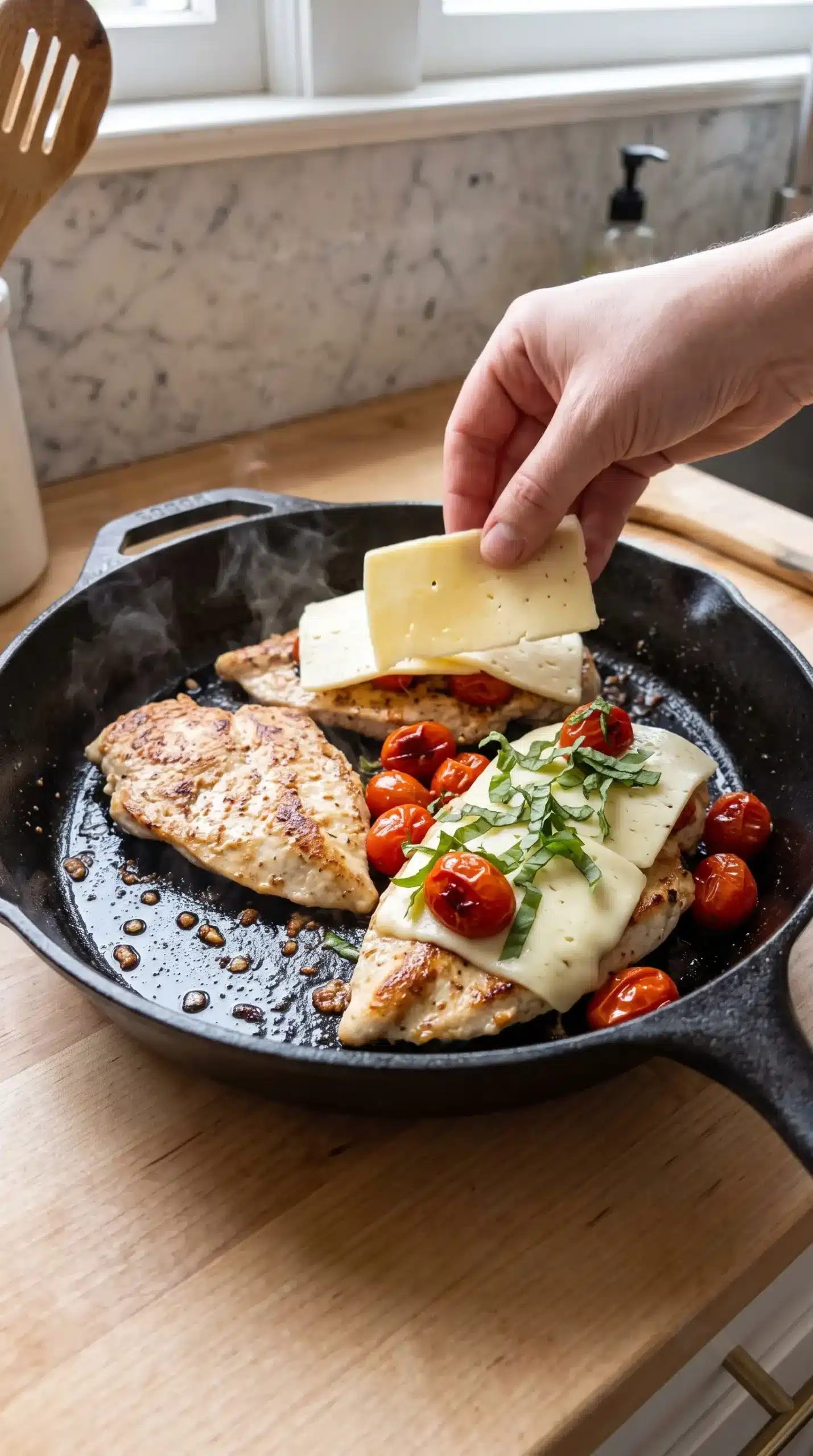 Skillet with browned chicken topped with tomatoes and havarti before baking