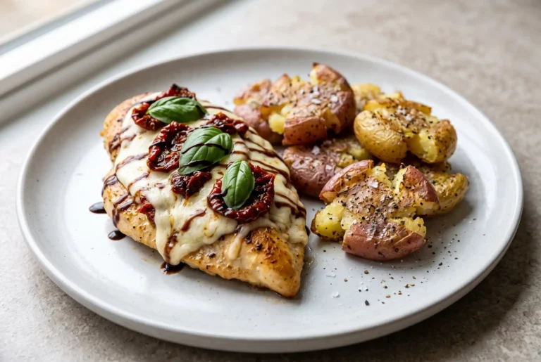 Caprese chicken with smashed potatoes, melted cheese, basil, tomatoes, and balsamic drizzle