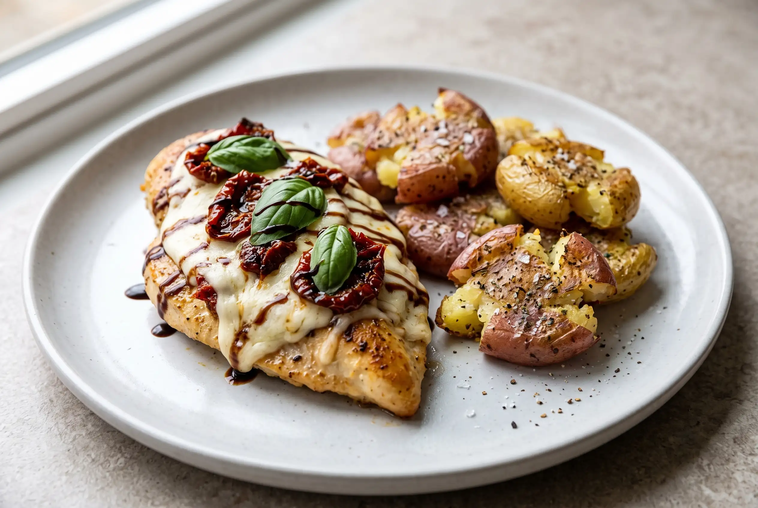 Caprese chicken with smashed potatoes, melted cheese, basil, tomatoes, and balsamic drizzle