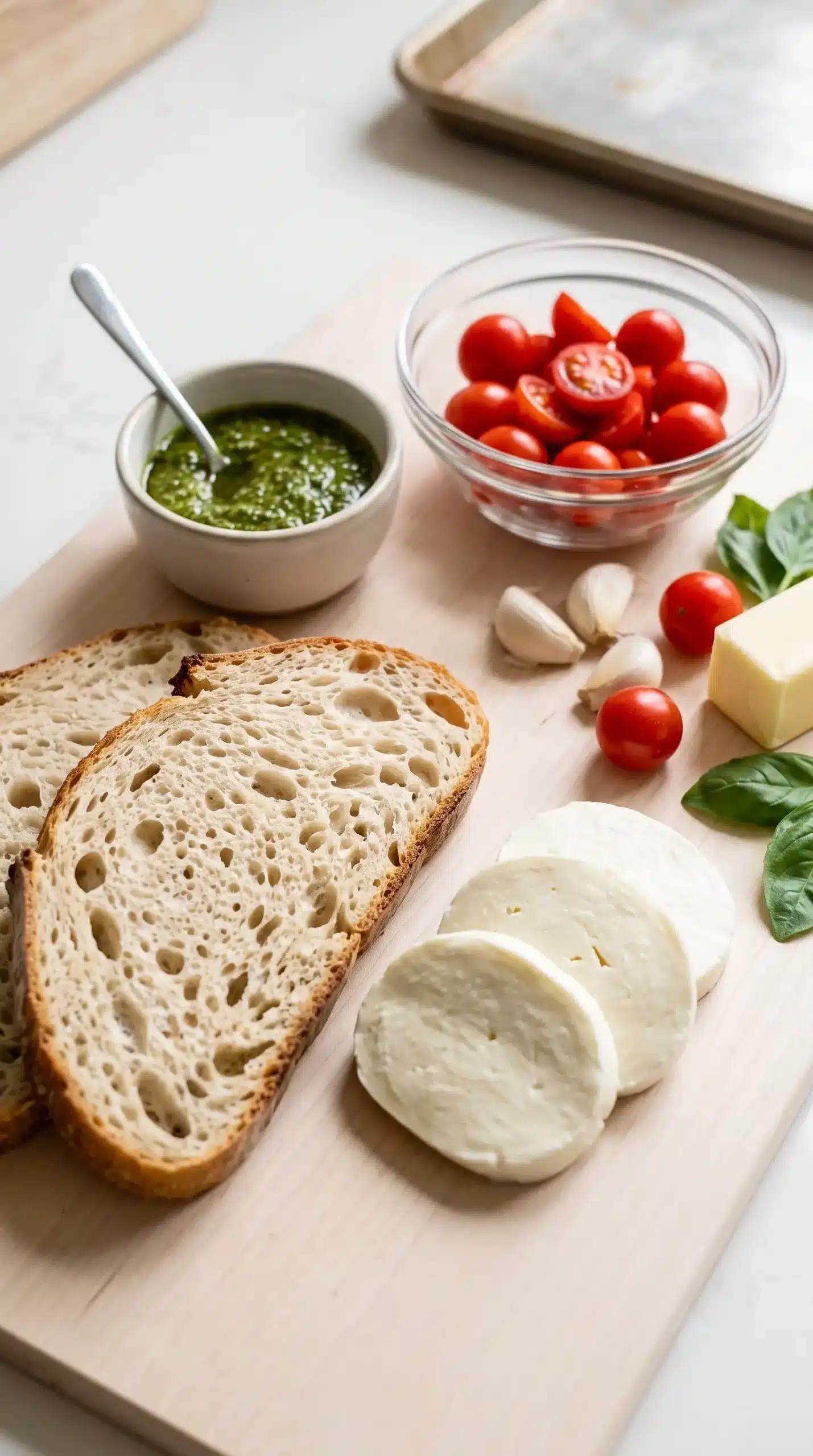 Sourdough, fresh mozzarella, cherry tomatoes, pesto, and garlic butter sauce ingredients