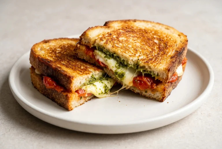 Caprese grilled cheese on sourdough with melted mozzarella, pesto, and garlic butter tomato sauce