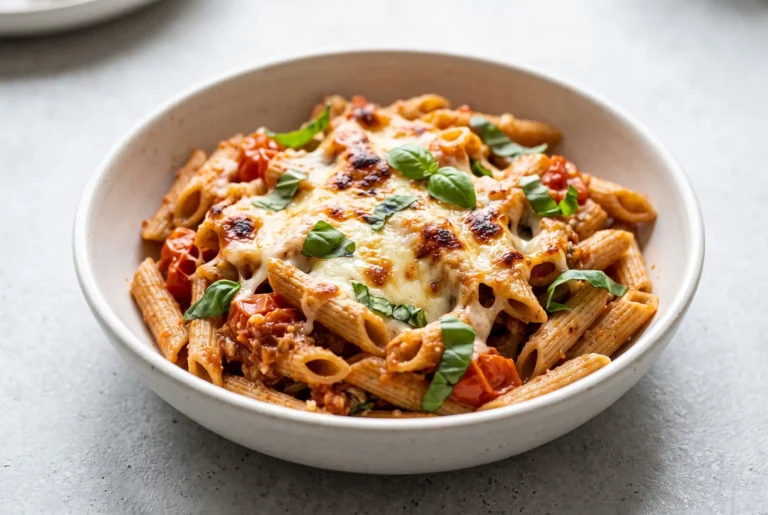 Caprese penne baked pasta with tomato sauce, melted mozzarella, cherry tomatoes, and fresh basil