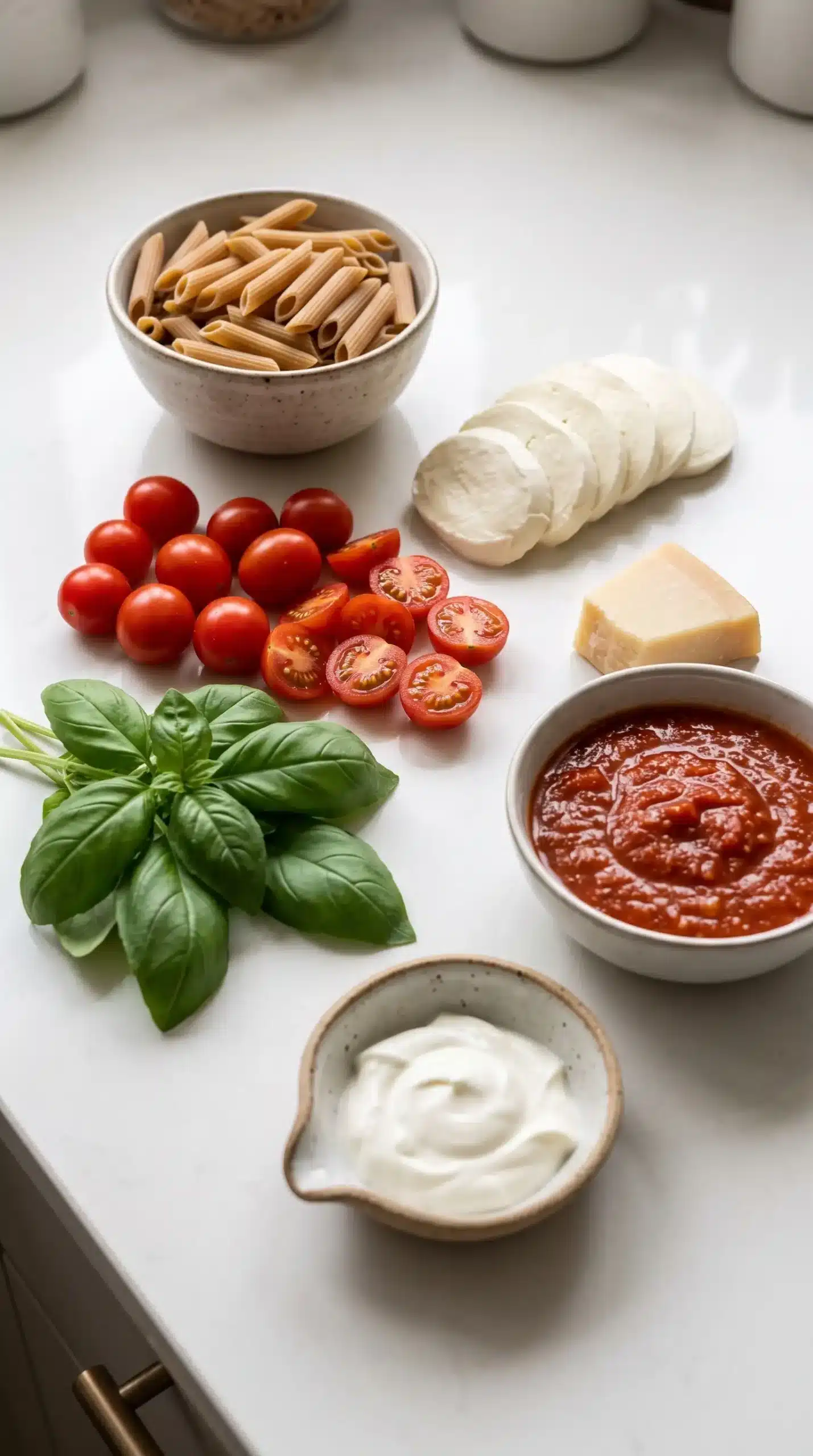 Fresh caprese penne ingredients with mozzarella, cherry tomatoes, basil, parmesan, and pasta
