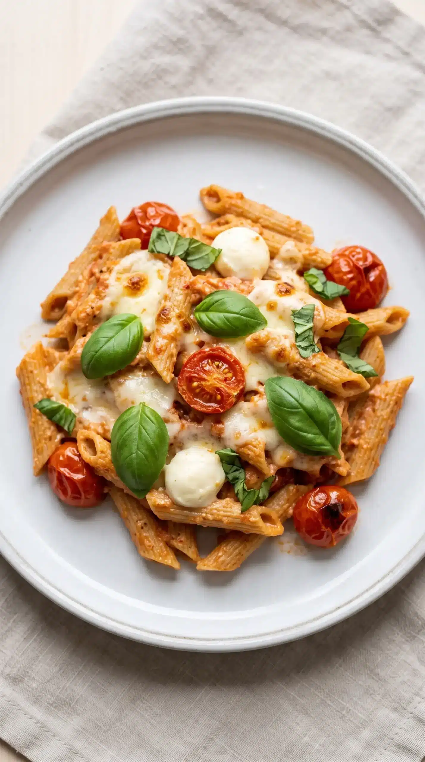 Serving of caprese penne with tomato sauce, mozzarella, cherry tomatoes, and basil