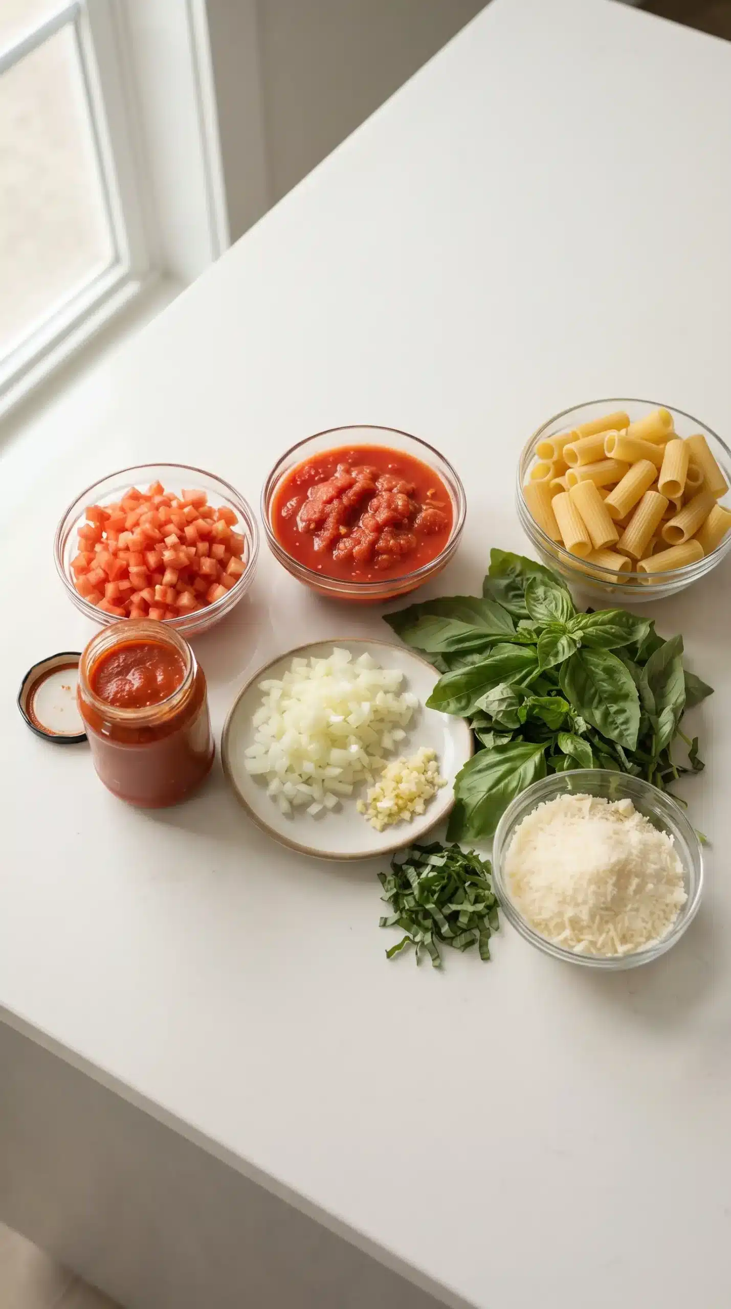 Fresh tomatoes, tomato sauce, basil, garlic, onion, and cheese for baked caprese rigatoni
