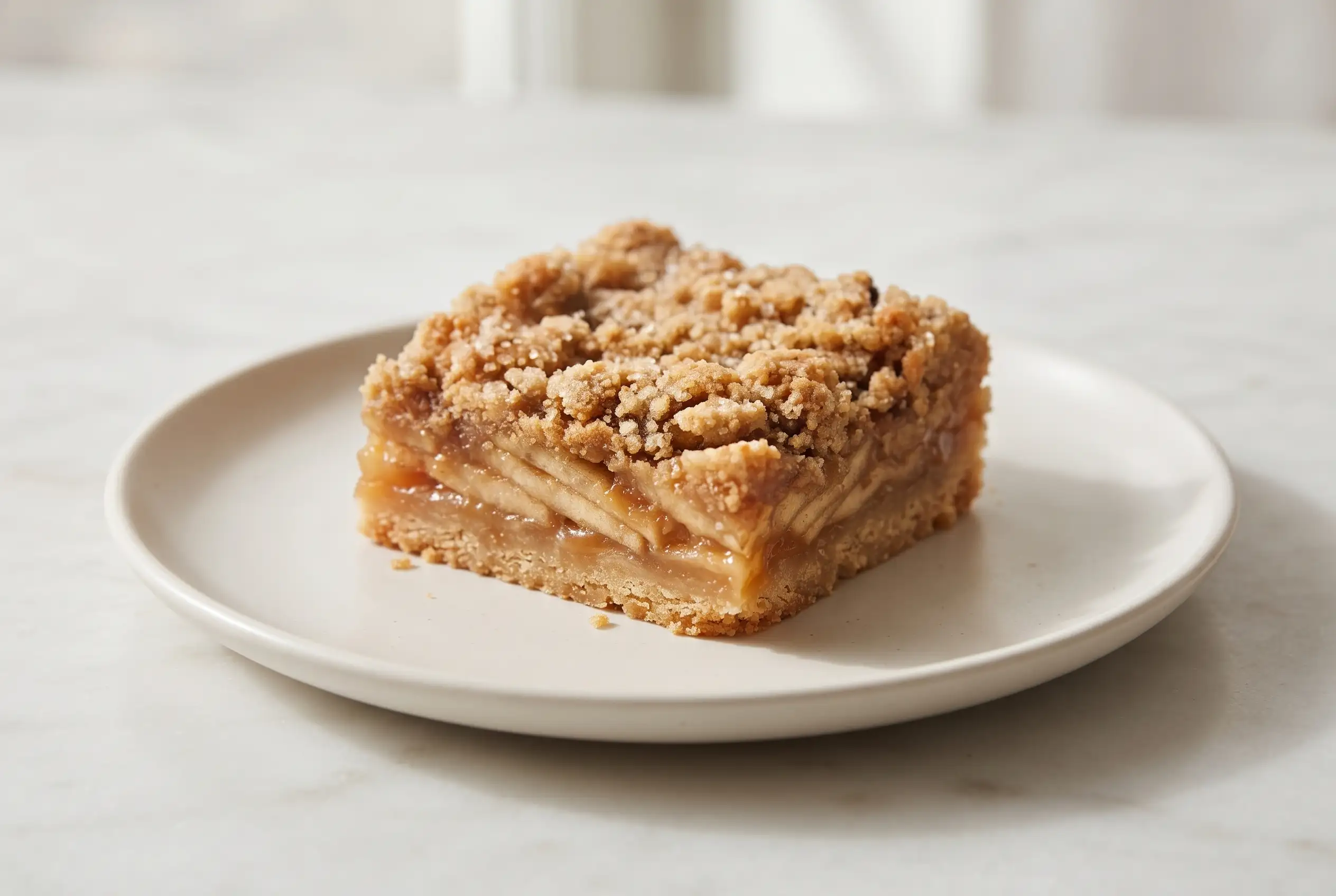 Caramel apple crisp bar with thin apple slices, caramel layer, and golden crumb topping on a plate