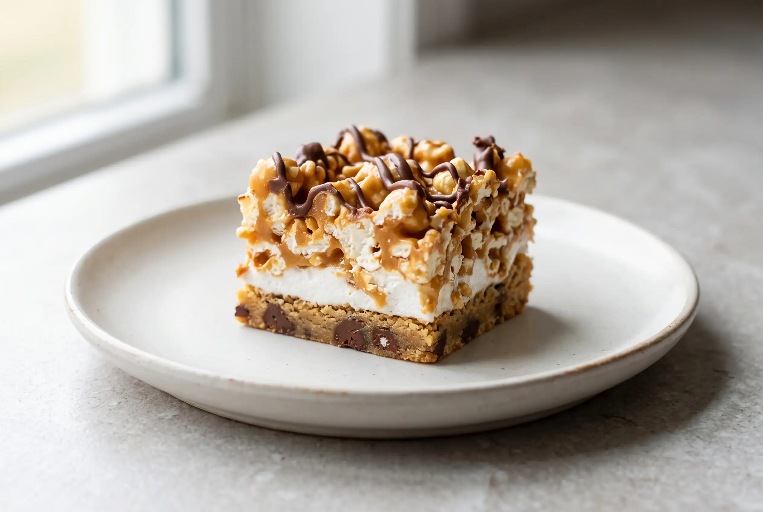 Caramel corn bar with cookie base, marshmallow layer, peanut butter popcorn topping, and chocolate drizzle