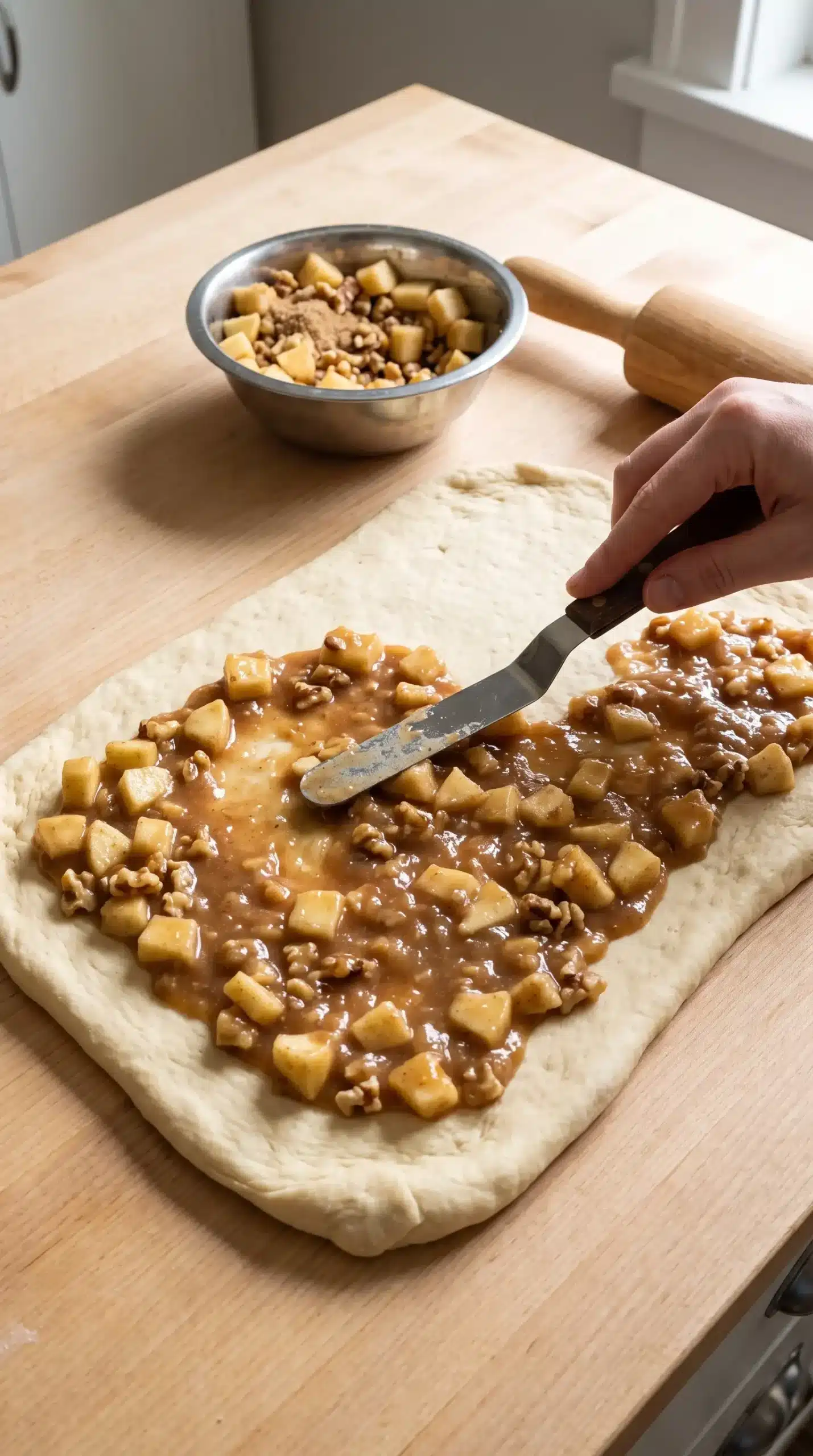 Yeast dough spread with apple, brown sugar, cinnamon, and walnut filling