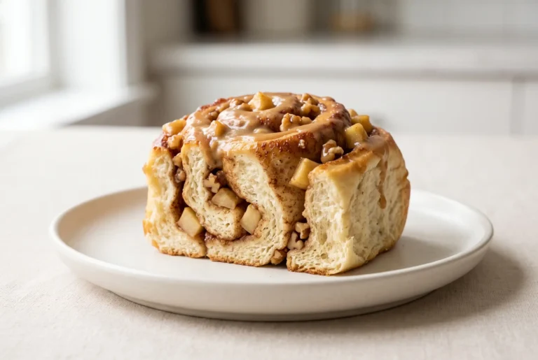 Caramel roll with apples, walnuts, and brown sugar filling on a plate