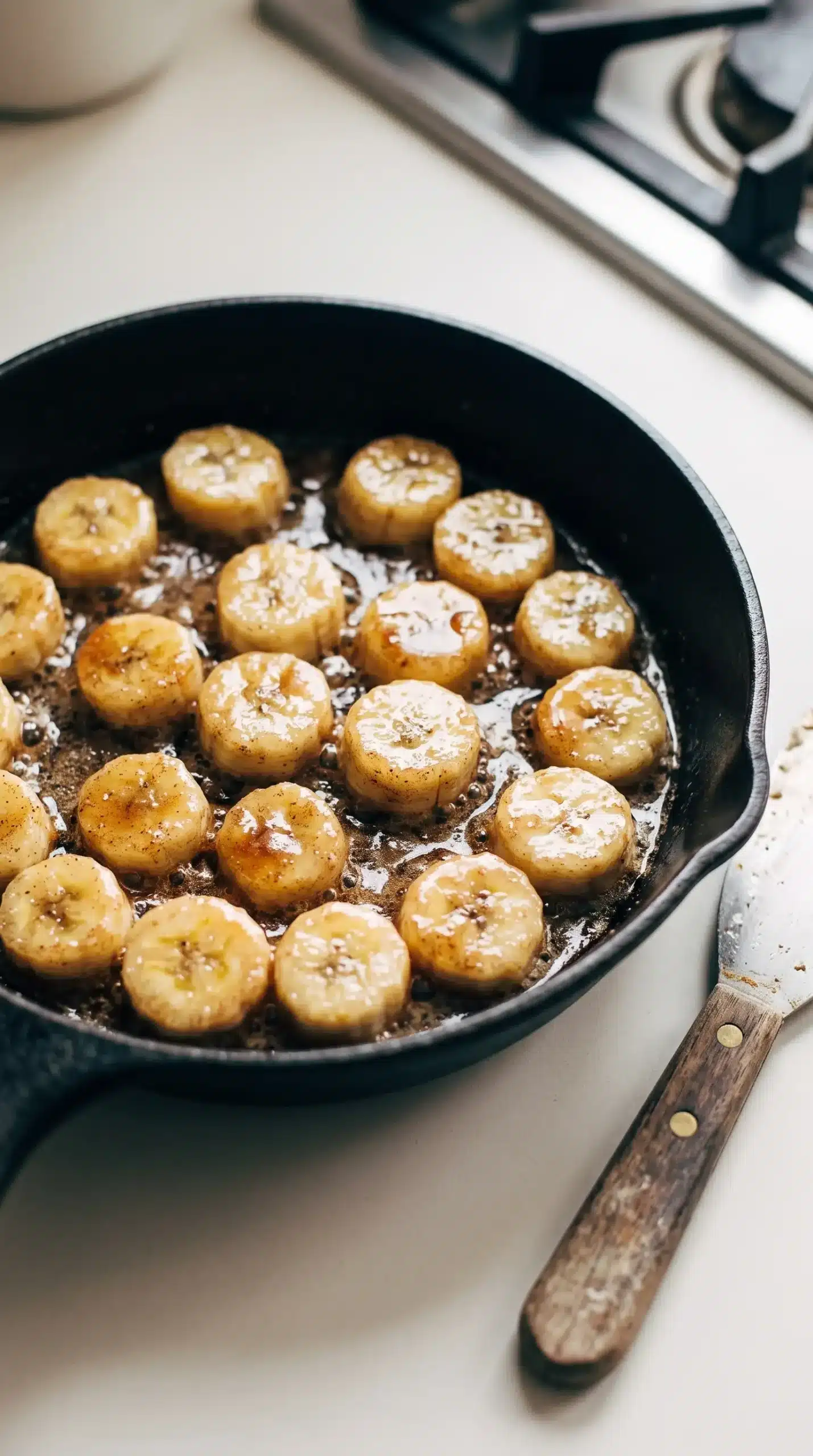 Banana rounds softening in a skillet with maple, cinnamon, and coconut oil