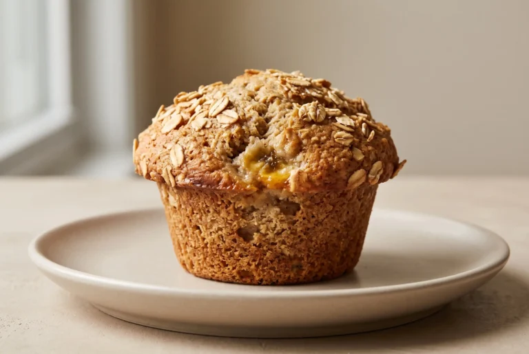 Caramelized banana oat muffin with golden oat topping on a ceramic plate