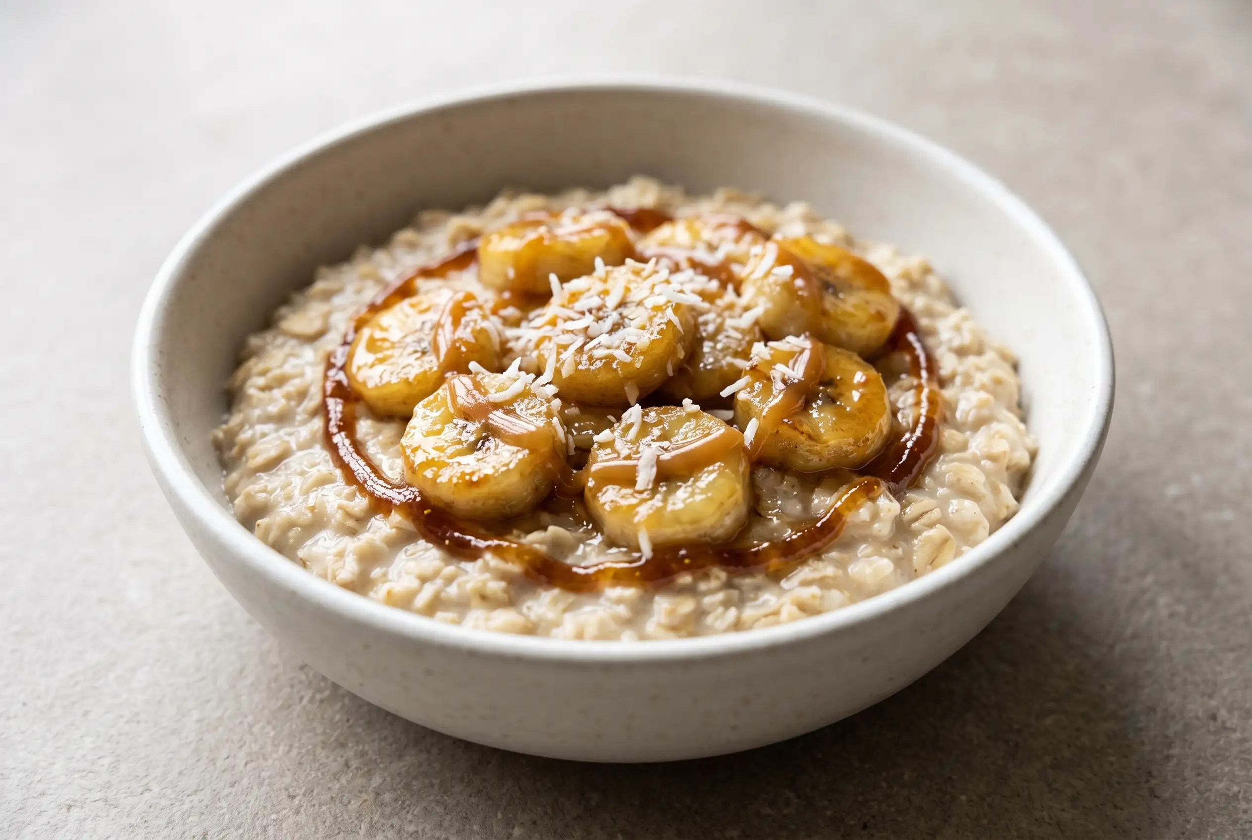 Caramelized banana oatmeal topped with fig drizzle and shredded coconut in a ceramic bowl