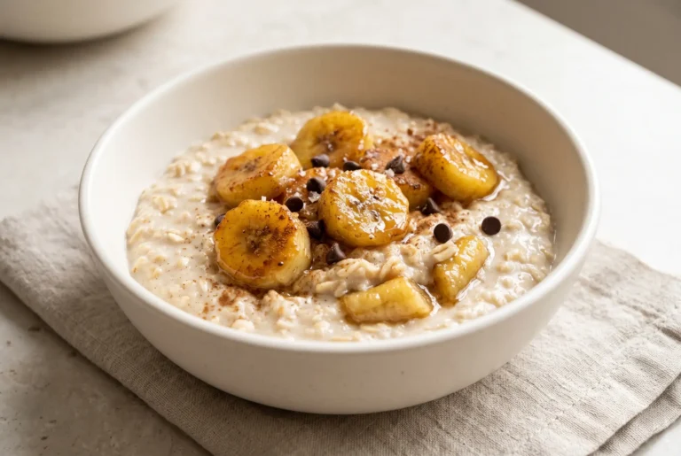 Caramelized banana oatmeal topped with glossy banana slices, cinnamon, and chocolate chips in a bowl