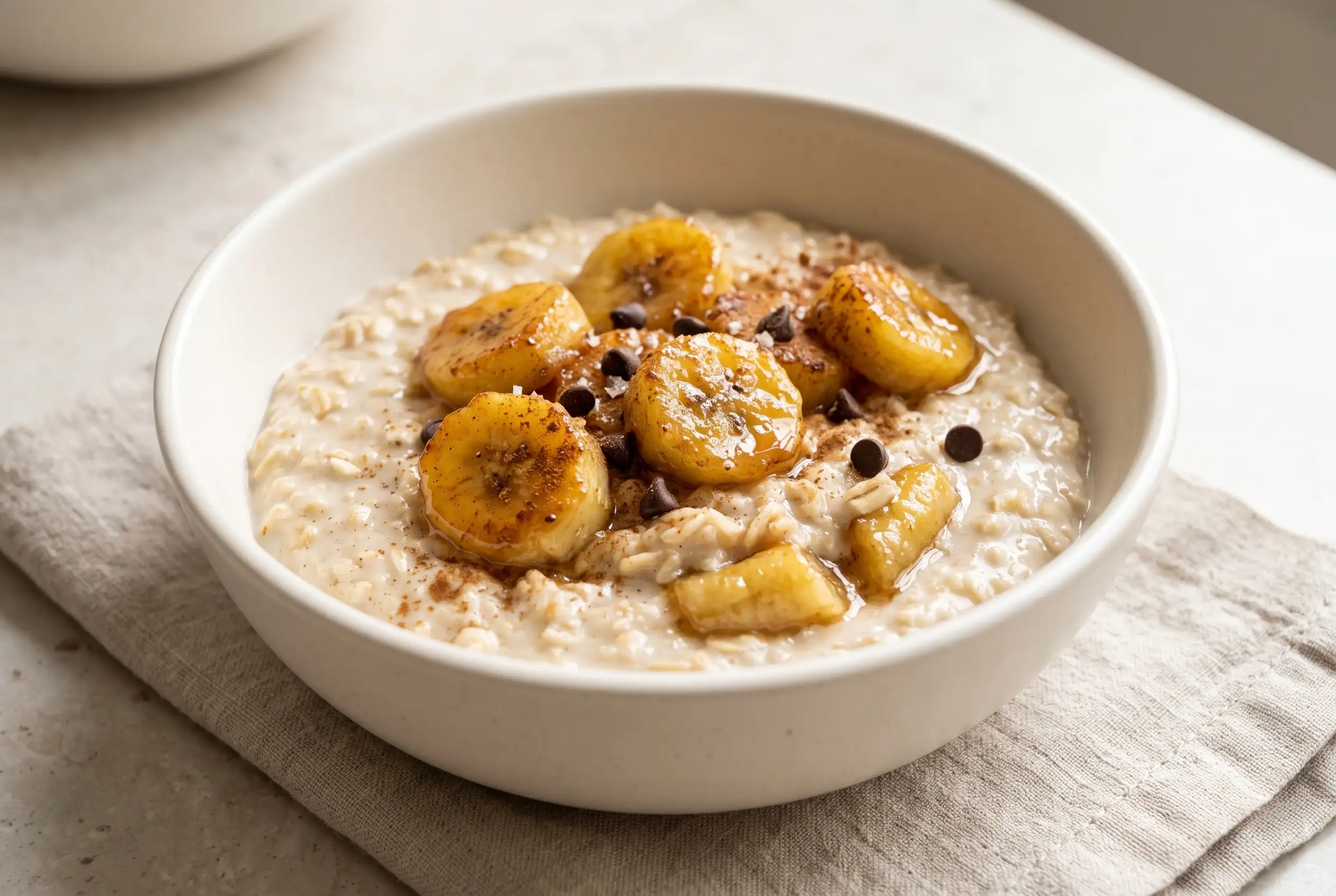 Caramelized banana oatmeal topped with glossy banana slices, cinnamon, and chocolate chips in a bowl