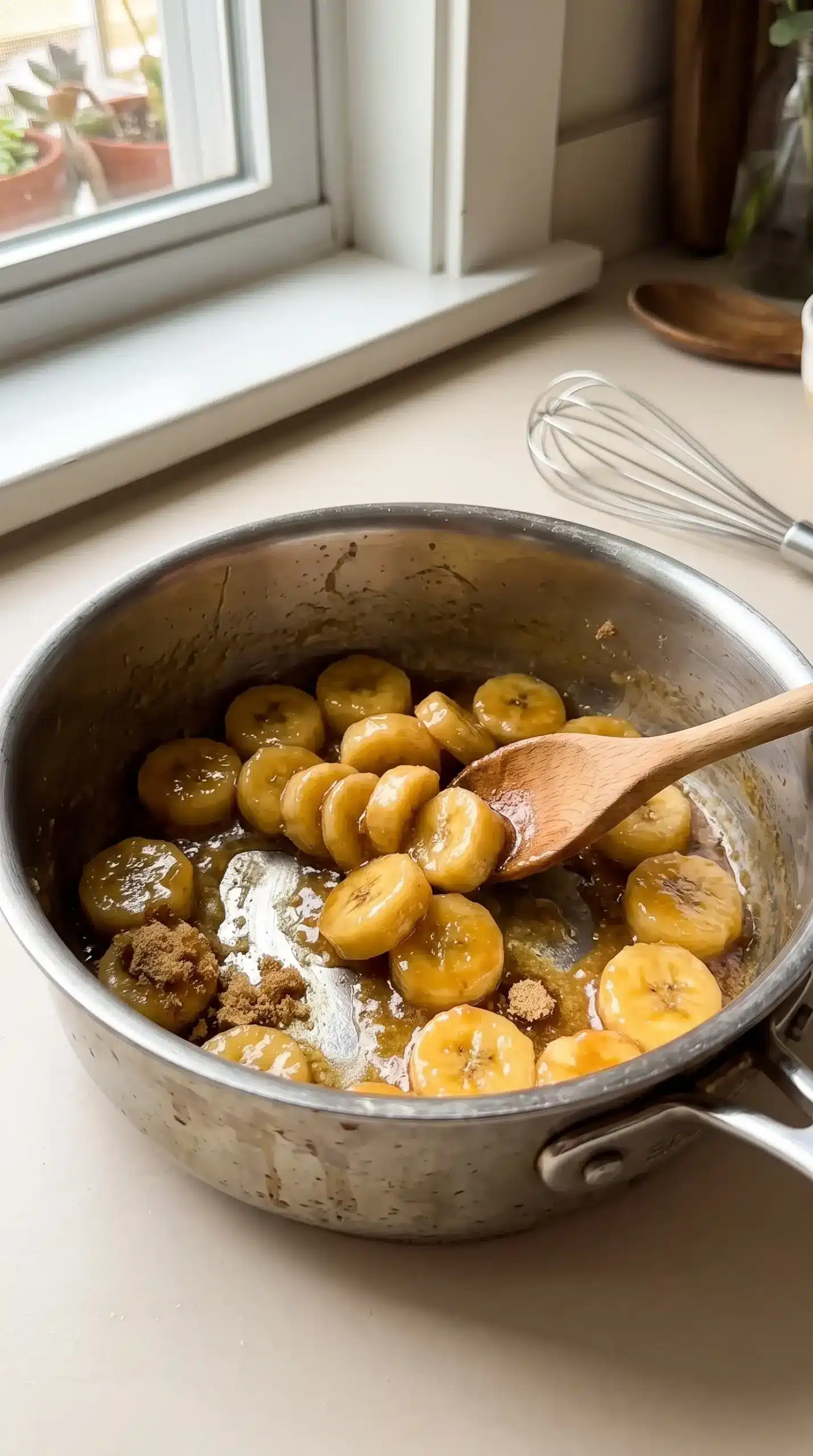 Banana slices cooking with butter and brown sugar for caramelized oatmeal topping