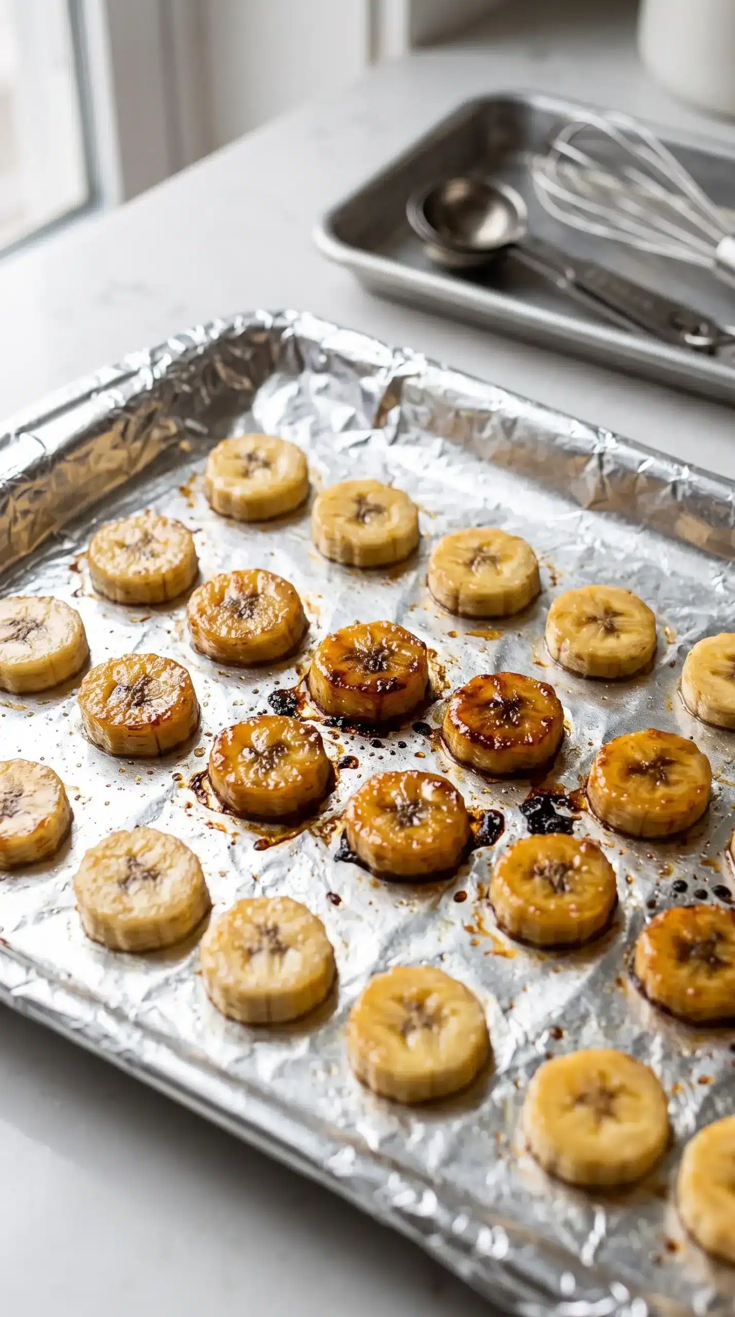 Roasted banana slices with golden caramelized edges for banana oat muffins