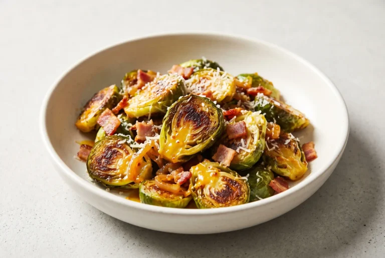 Caramelized brussels sprouts with orange shallot sauce, bacon, and Parmesan in a serving bowl