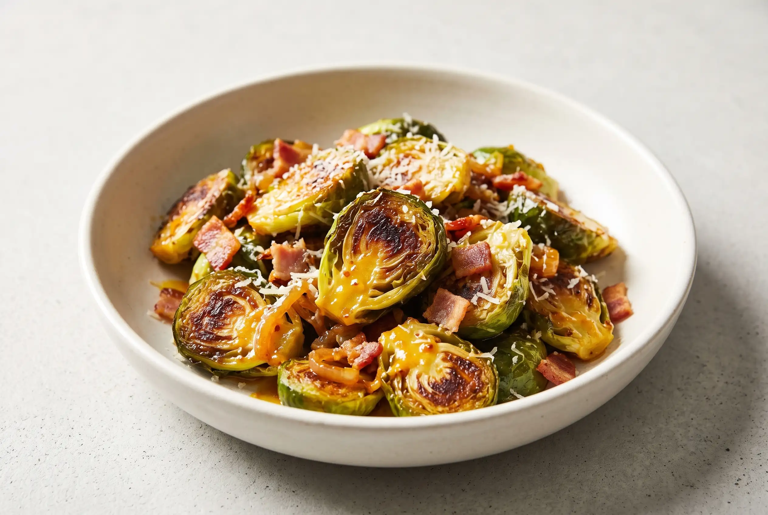 Caramelized brussels sprouts with orange shallot sauce, bacon, and Parmesan in a serving bowl