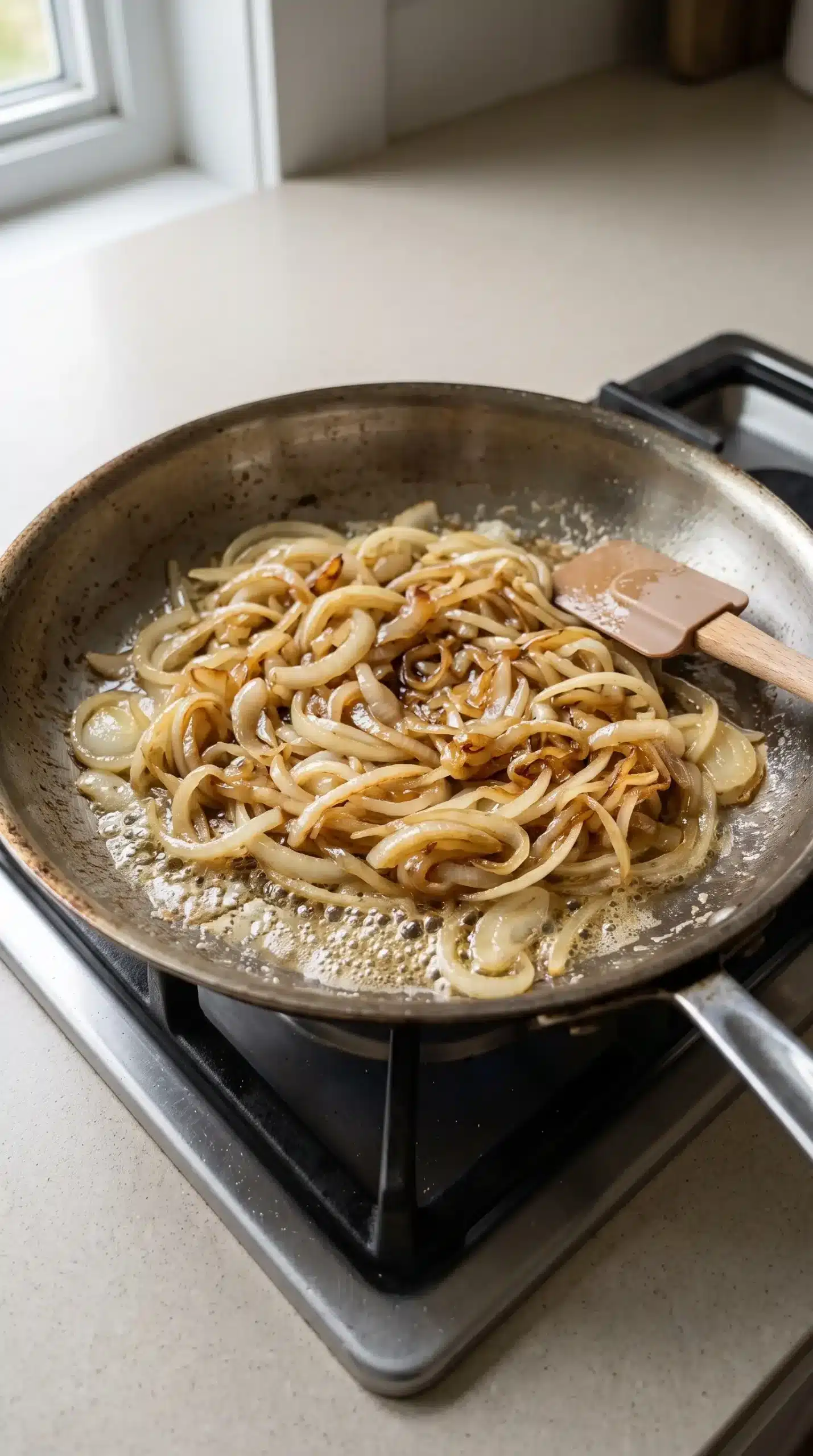 Caramelized onions cooking in a skillet for butternut squash mac and cheese