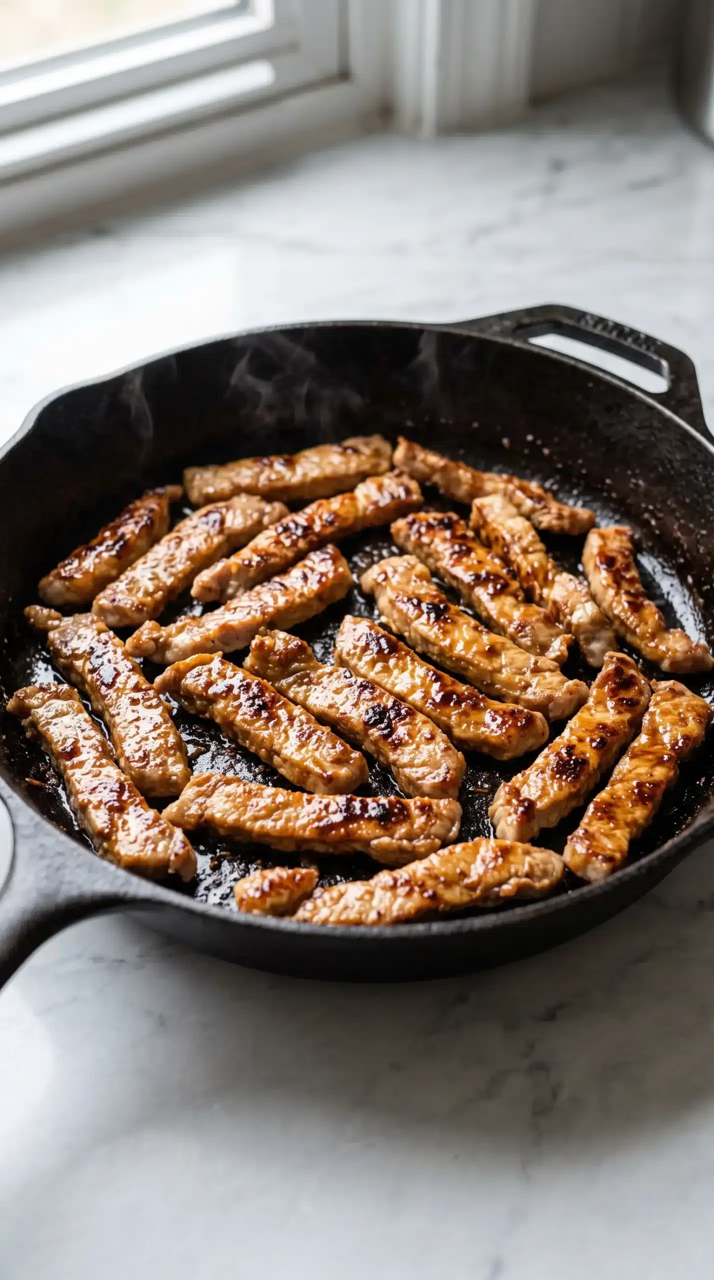 Thin pork loin strips caramelizing in a skillet with browned edges
