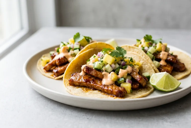Caramelized pork tacos with pineapple salsa and chili sauce on a plate