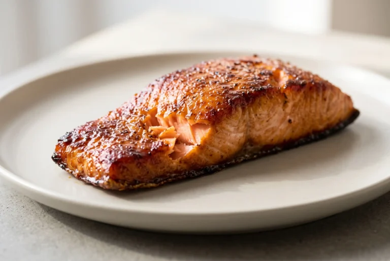 Caramelized salmon fillet with a glossy sweet savory sugar crust and browned skin on a plate