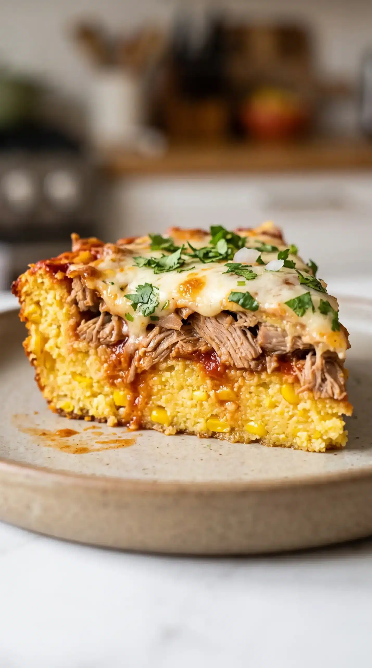 Served slice of carnitas tamale pie showing cornmeal, meat, sauce, and cheese layers