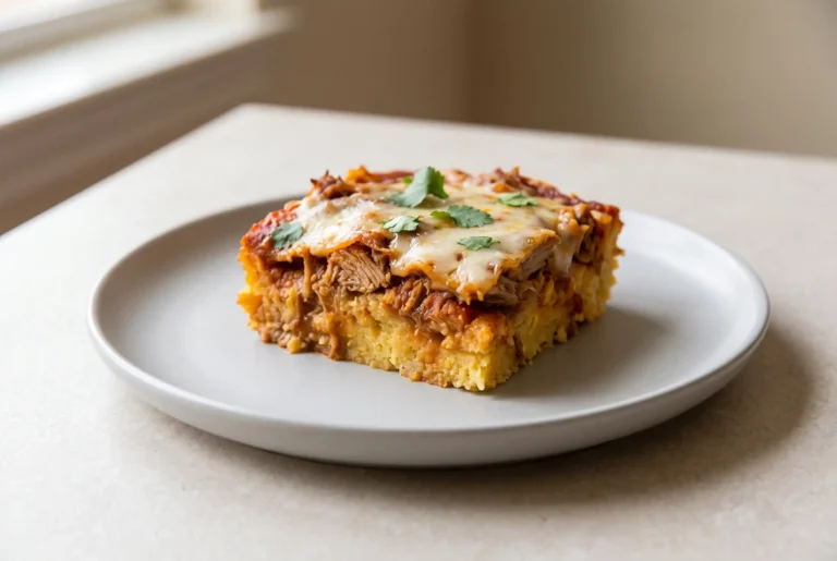 Slice of carnitas tamale pie with cornmeal base, enchilada sauce, cheese, and cilantro