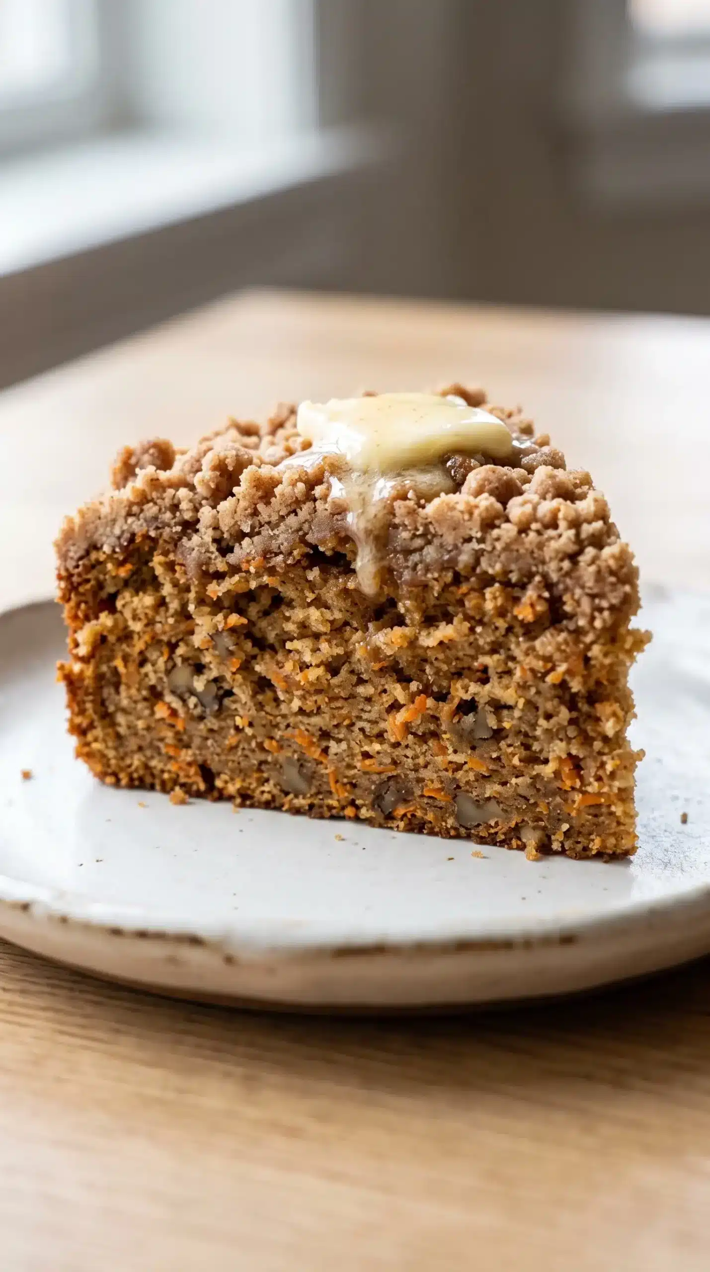 Slice of carrot cake coffee cake showing moist crumb and baked cinnamon streusel topping