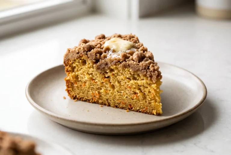 Slice of carrot cake coffee cake with cinnamon streusel topping on a ceramic plate