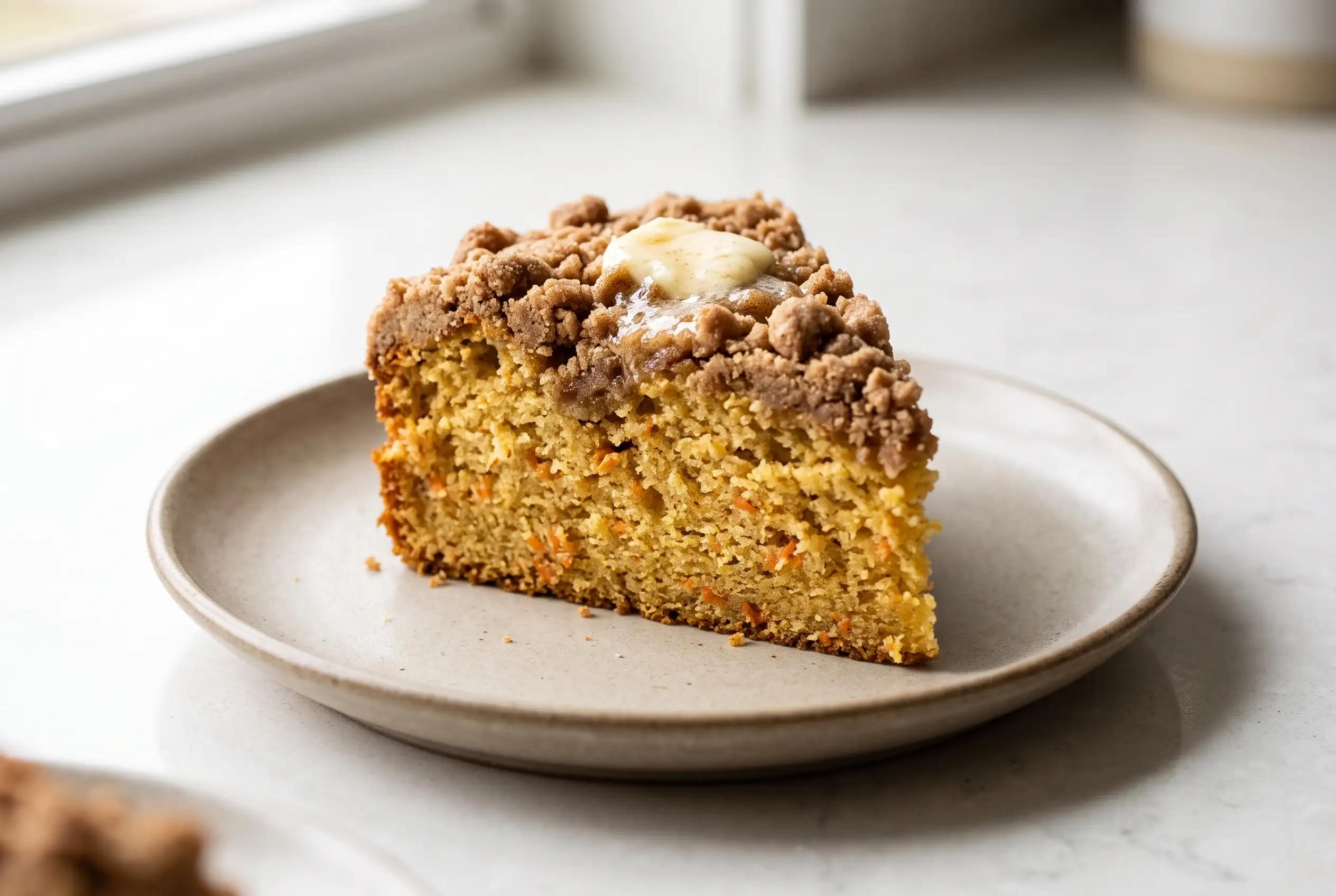 Slice of carrot cake coffee cake with cinnamon streusel topping on a ceramic plate