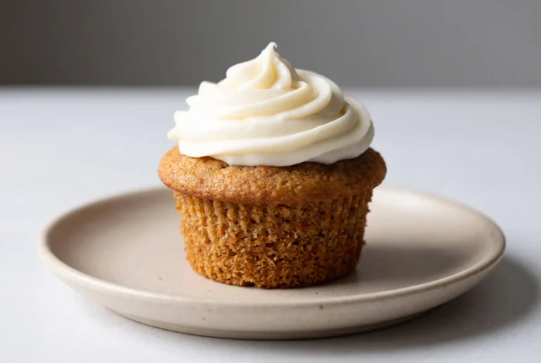 Carrot cake cupcake with a swirl of homemade cream cheese frosting on a ceramic plate