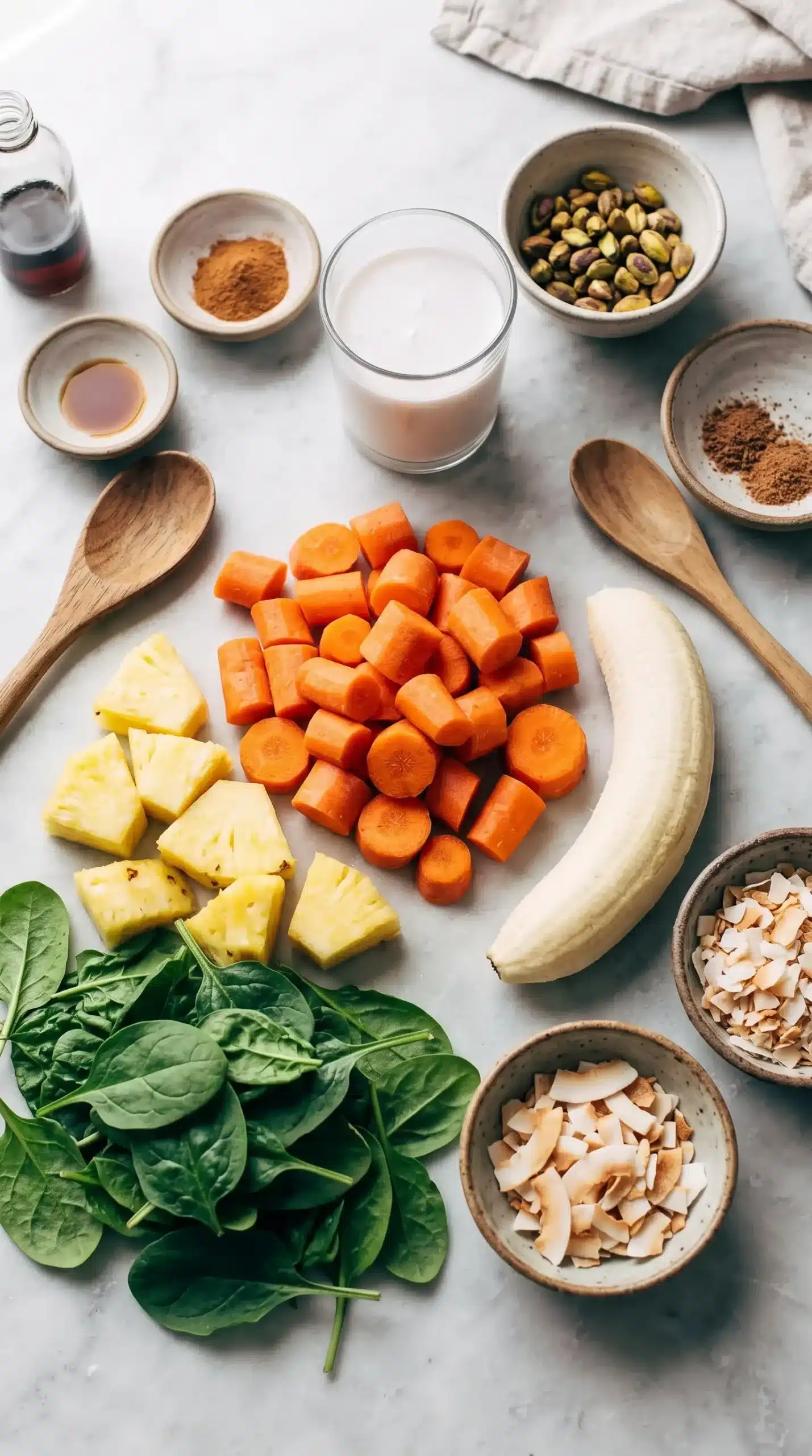 Fresh carrots, pineapple, banana, spinach, coconut milk, and spices for a smoothie bowl