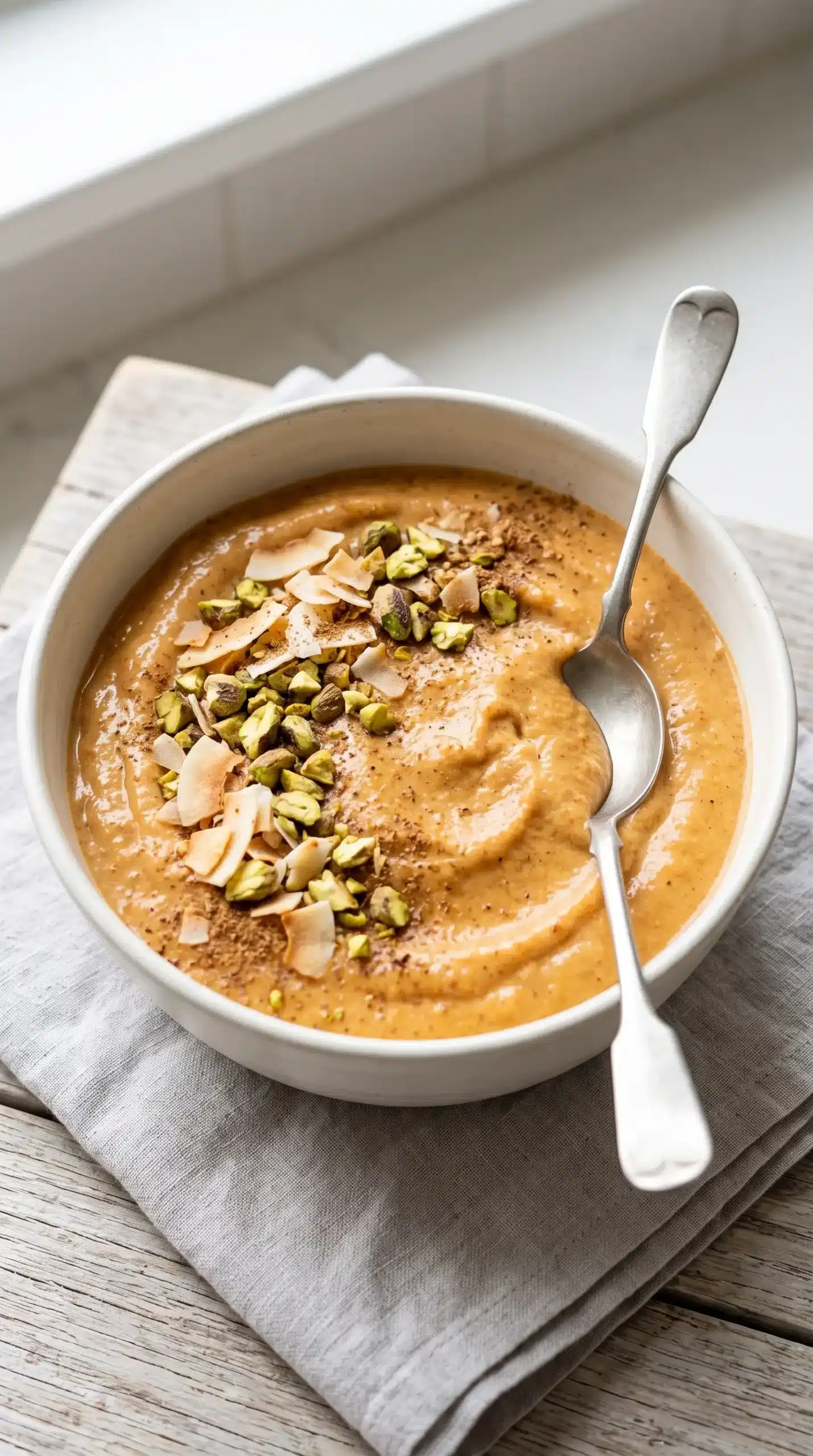 Finished carrot cake smoothie bowl topped with pistachios and toasted coconut flakes