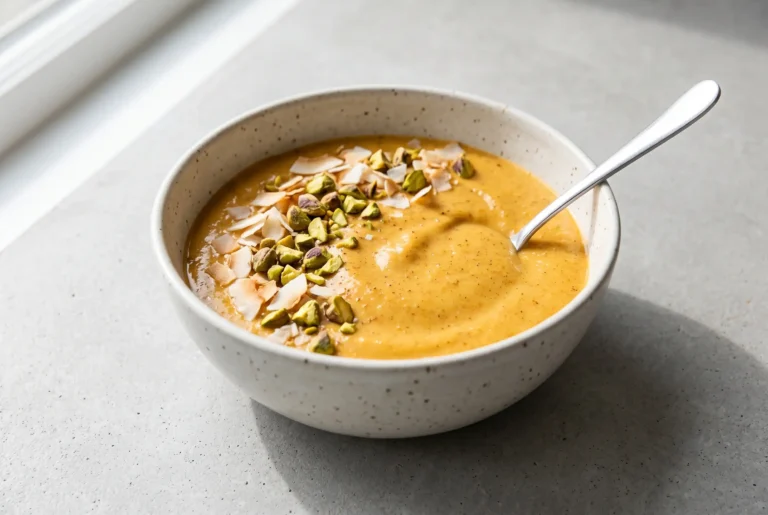 Carrot cake smoothie bowl with pineapple, banana, pistachios, and toasted coconut topping