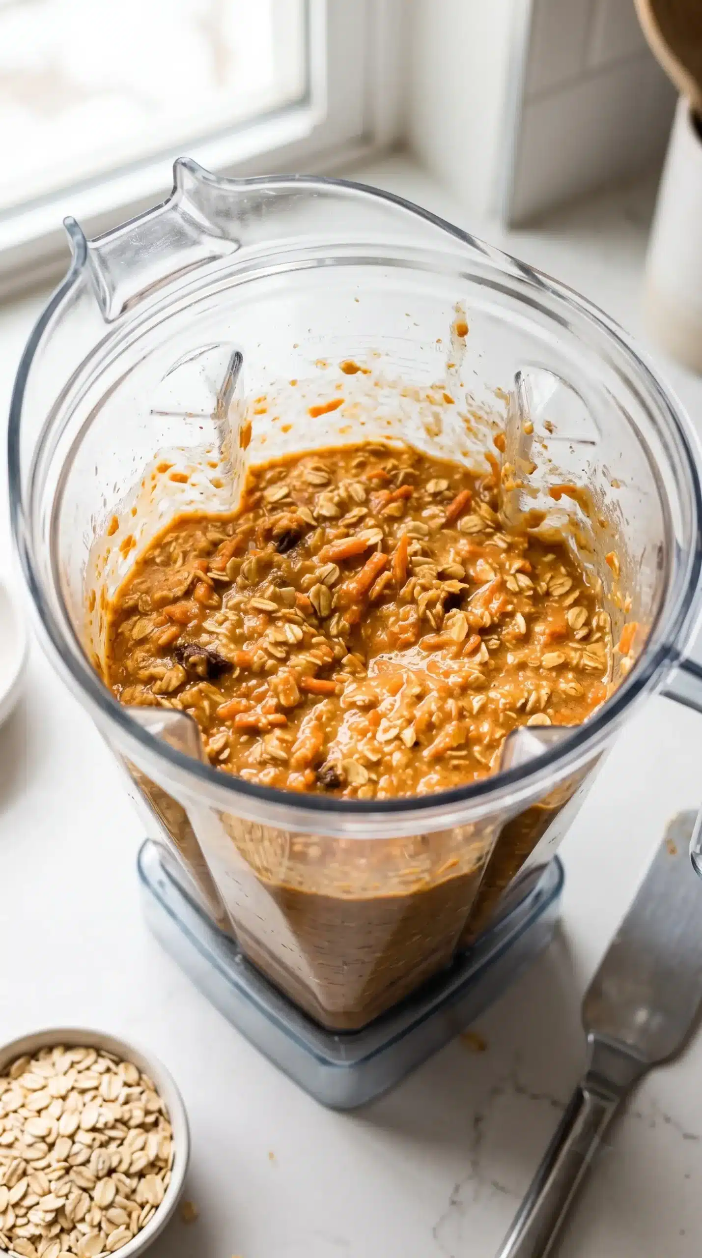 Blender jar with chunky oat and carrot muffin batter ready for baking