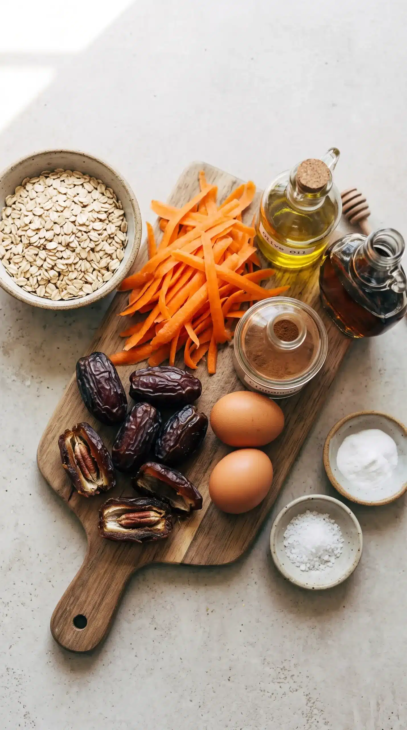 Rolled oats, shredded carrots, dates, eggs, and baking ingredients for carrot muffins