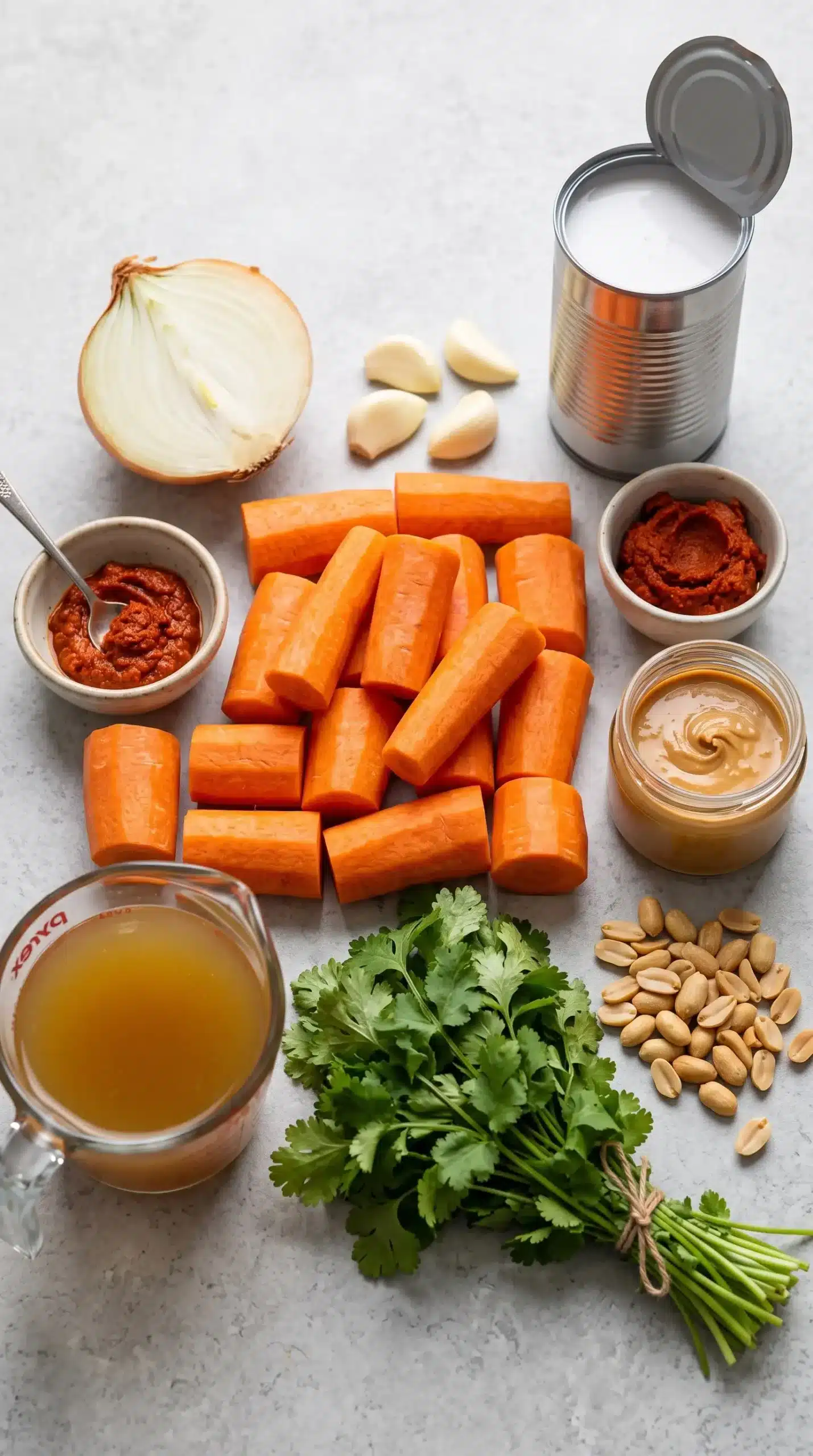 Carrots, coconut milk, curry paste, peanut butter, and herbs for carrot soup