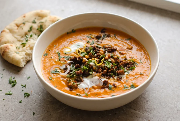 Carrot soup with spiced ground beef, pine nuts, yogurt, and flatbread in a ceramic bowl