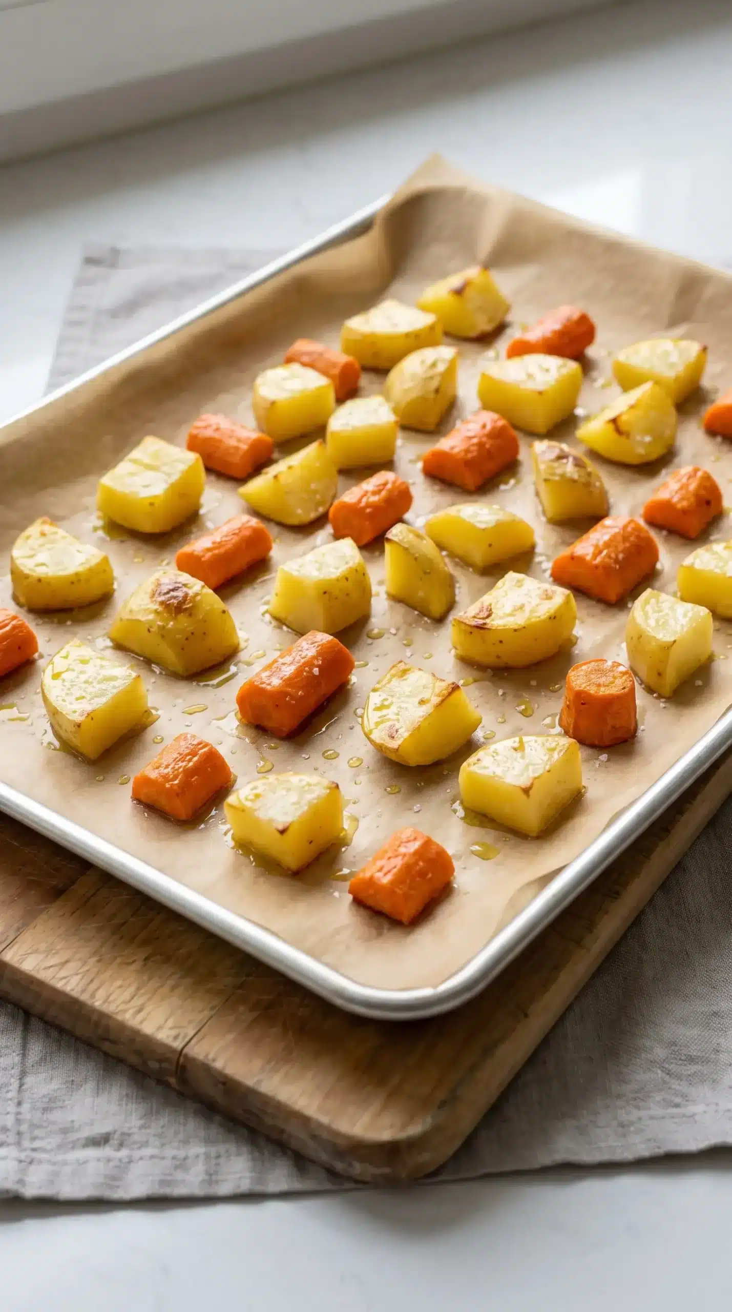 Carrot and potato chunks spaced on a parchment-lined baking sheet for roasting