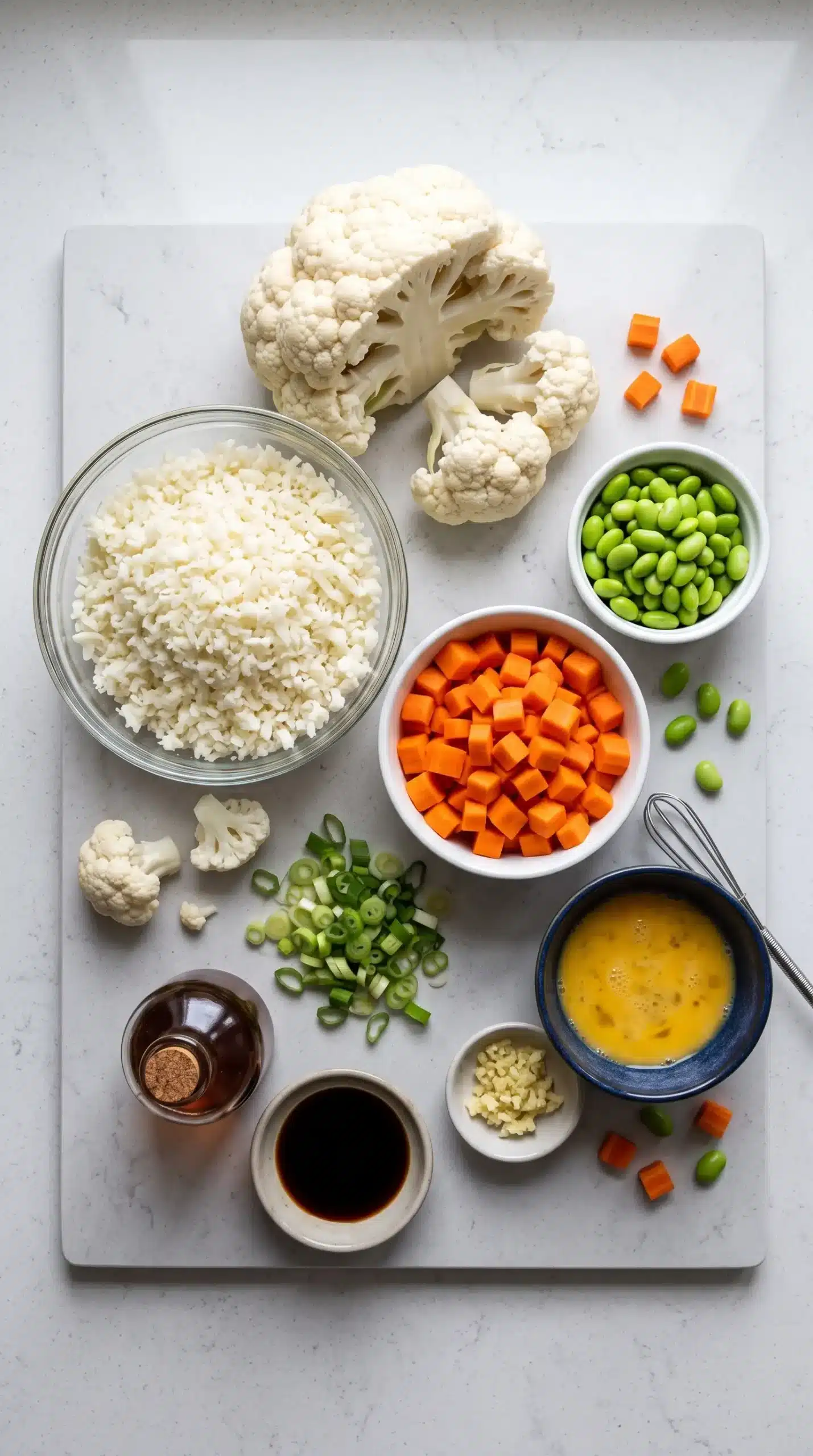 Cauliflower, grated cauliflower rice, carrots, edamame, eggs, garlic, and seasonings for preparation