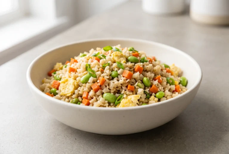 Cauliflower fried rice with vegetables, scrambled egg, edamame, carrots, and green onions in a bowl