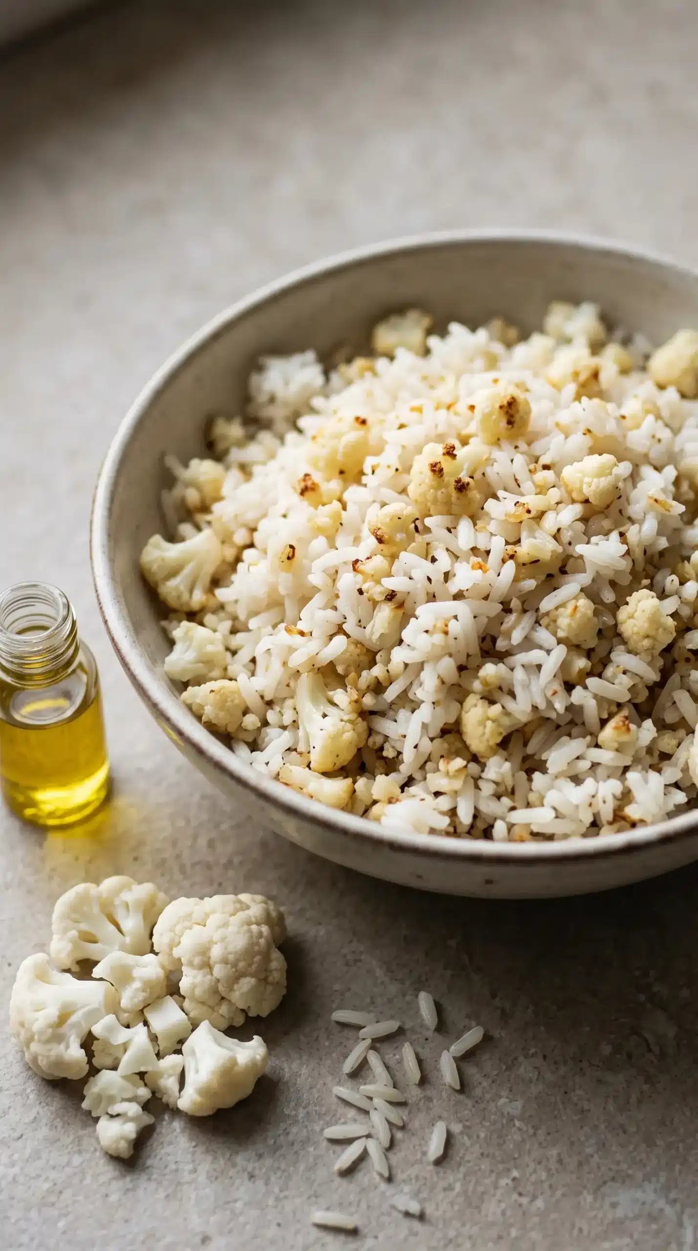 Cauliflower garlic rice mixture with roasted cauliflower pieces and white rice in a bowl