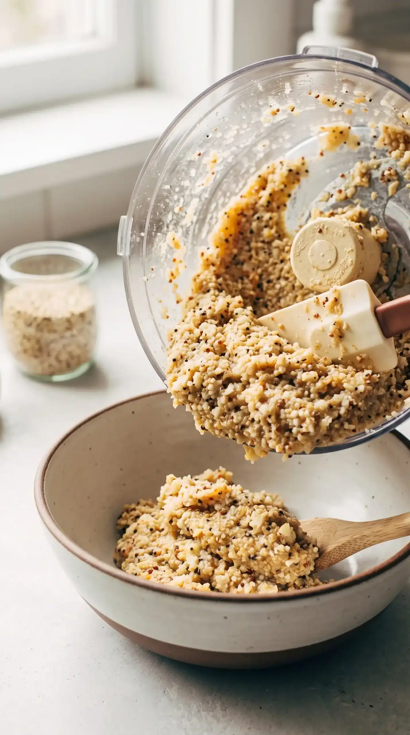 Cauliflower quinoa meatball mixture blended with visible grains and vegetable texture