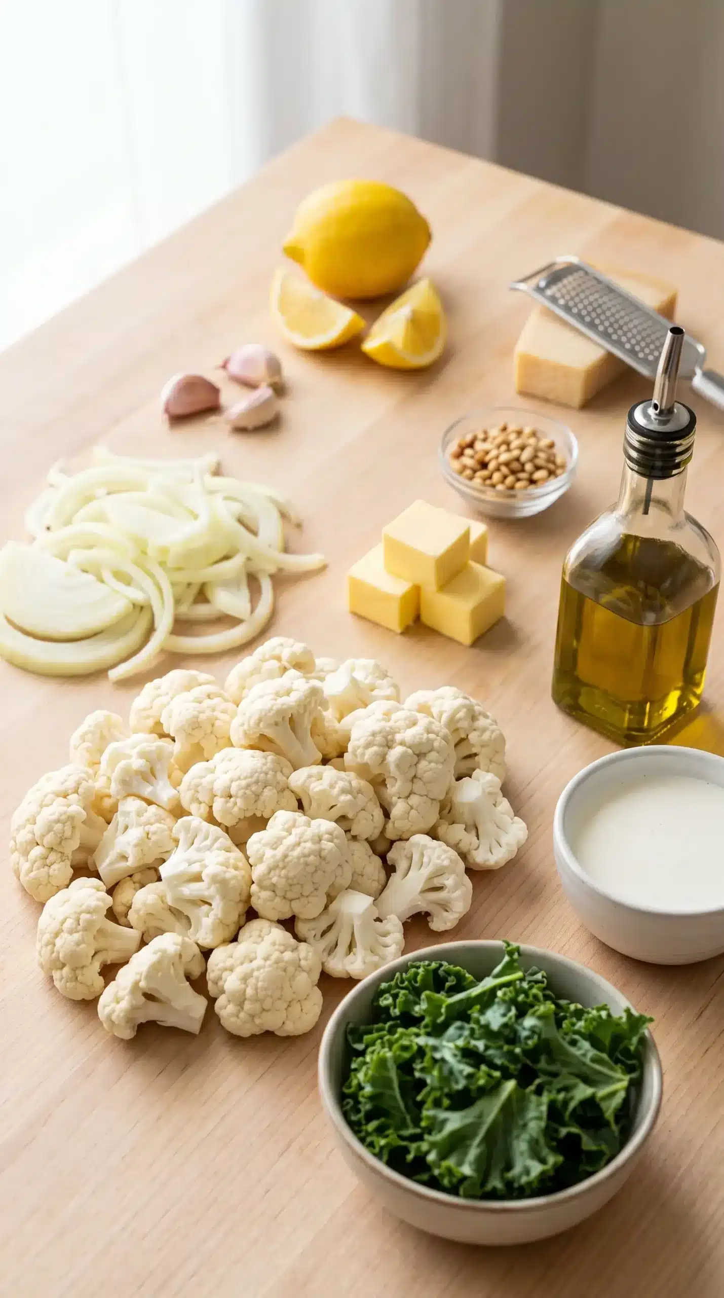 Ingredients for cauliflower soup with cauliflower, onion, kale, butter, and pesto components